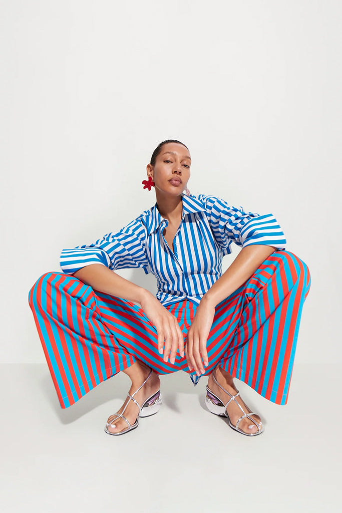 SIMONMILLER Women's Pia Poplin Pants - Blue & Paprika Stripe Casual Trousers for Work, Travel & Everyday Wear