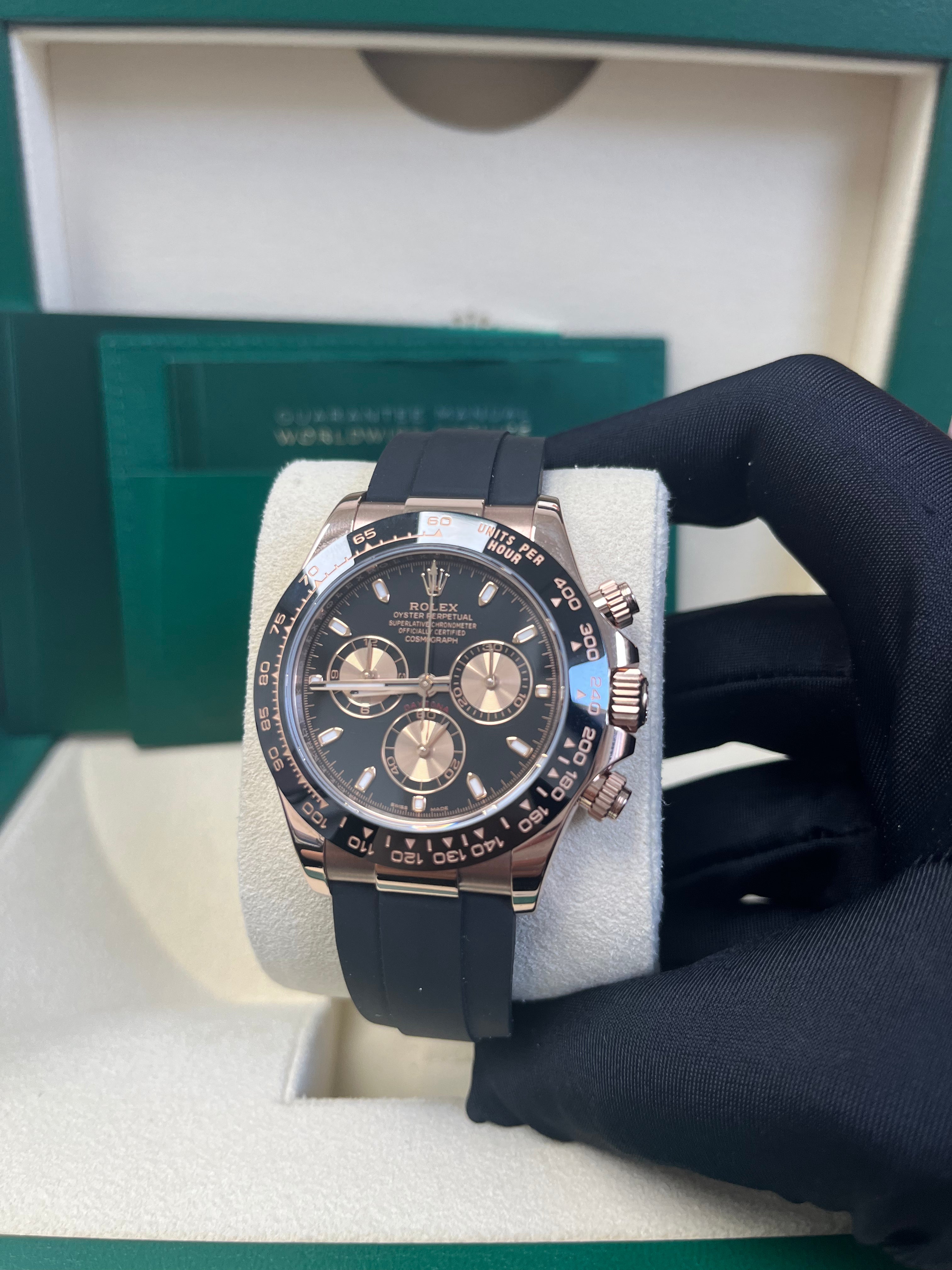 Rolex Daytona 40mm Rose Gold Watch with Black Index Dial & Oysterflex Strap - Ref.116515LN | Luxury Chronograph for Men, Perfect for Business Events & Special Occasions