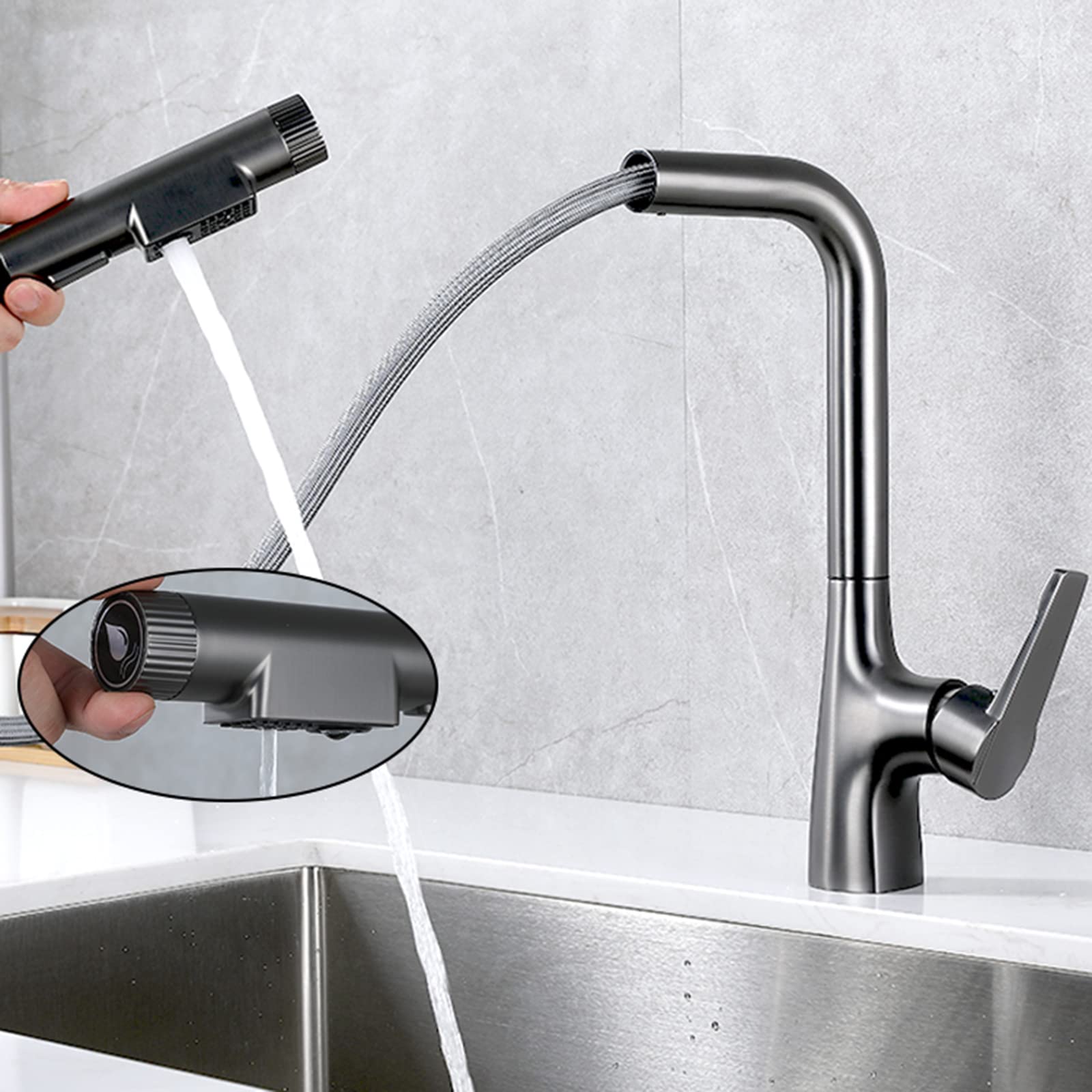 3-Way Pull-Down Kitchen Faucet with Sprayer - Matte Grey Brass Swivel Sink Faucet for Hot & Cold Water - Perfect for Modern Kitchens, Bar Sinks, and RV Use
