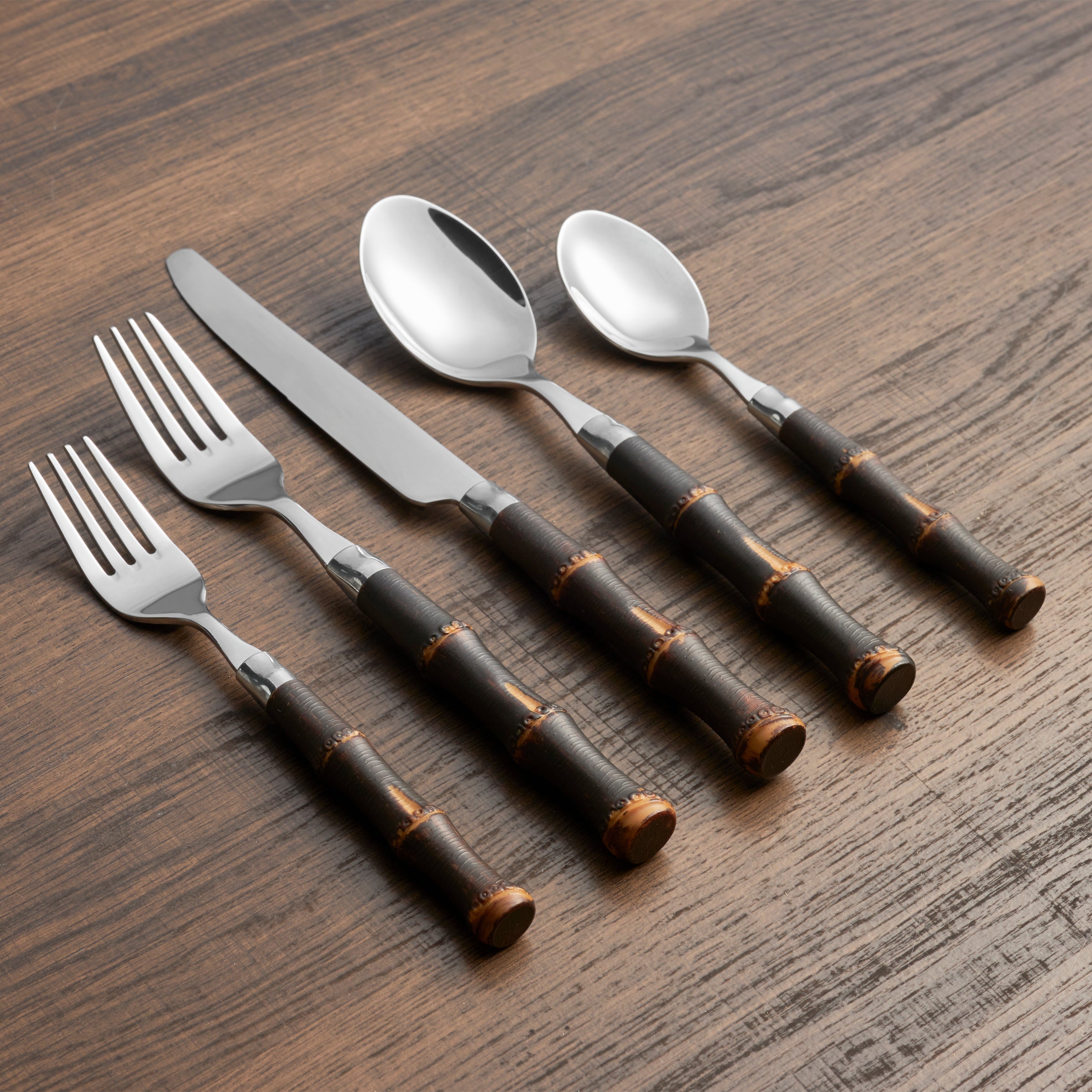 20-Piece Bamboo Flatware Set with Dark Plastic Handles - Eco-Friendly Cutlery for Parties, Picnics & Everyday Dining