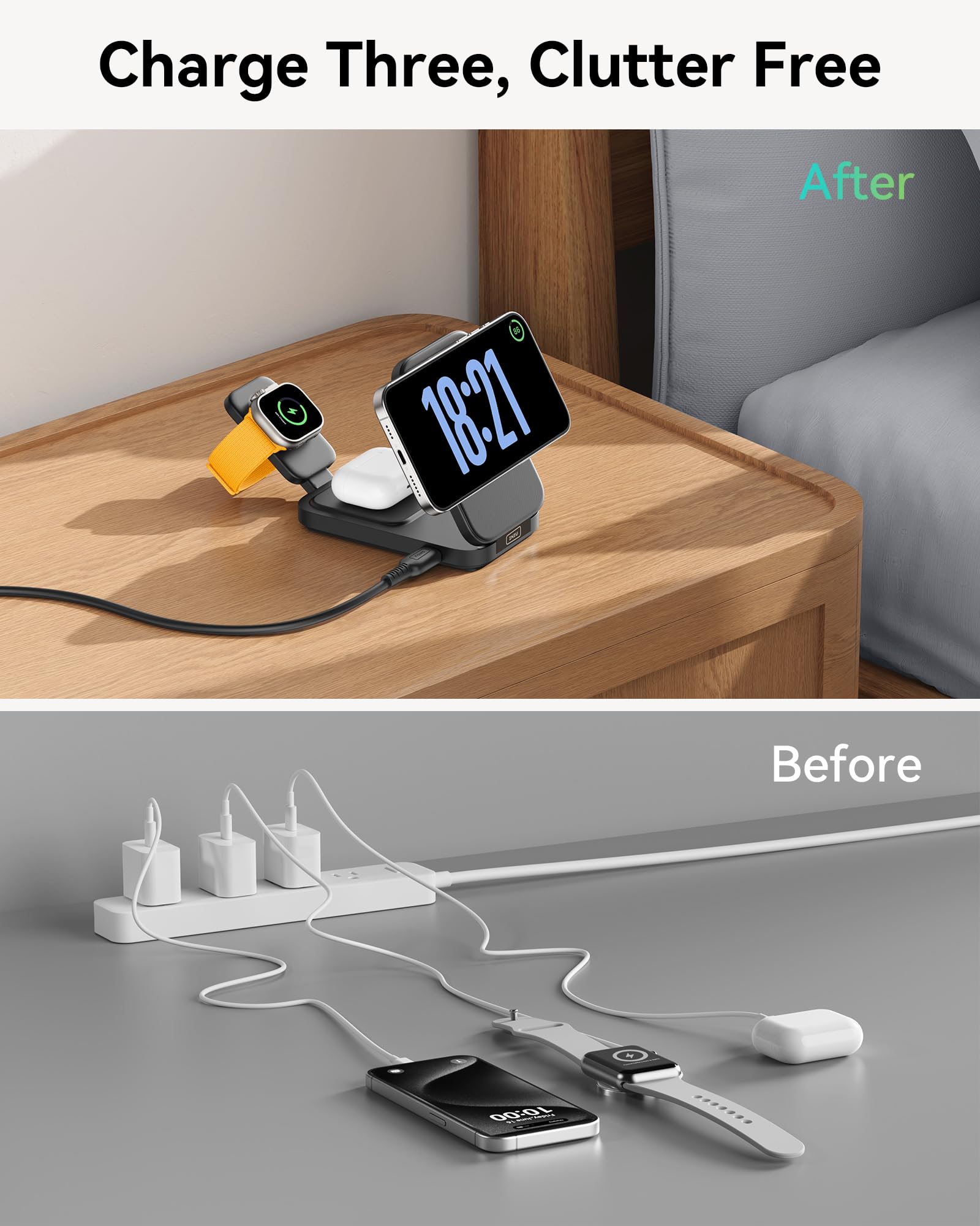 INIU 3-in-1 Wireless Charging Station - Qi2 Certified MagSafe Travel Charger for iPhone 16/15/14/13/12 Series, Apple Watch & AirPods | Foldable Stand with Adapter | Perfect for Home, Office & Travel Charging