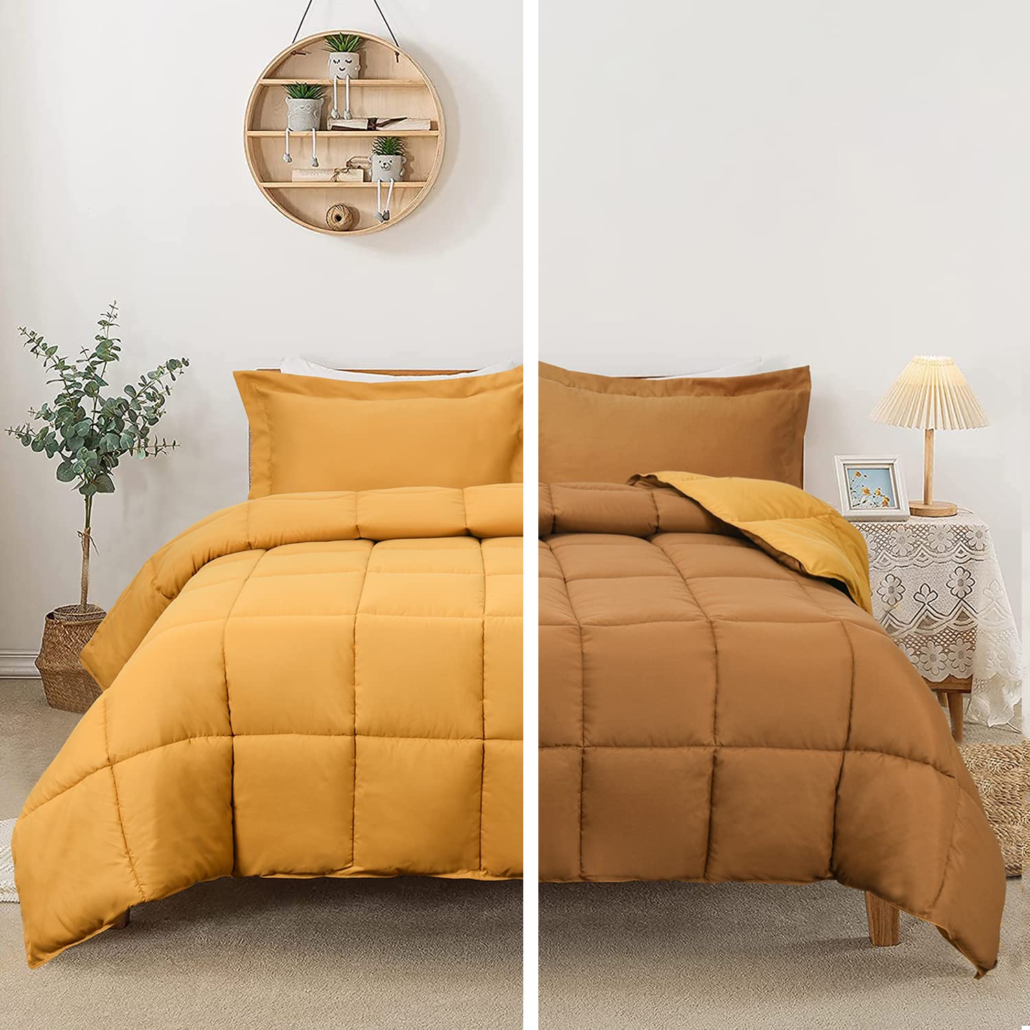 HIG 3-Piece All Season Reversible Mustard Yellow Down Alternative Comforter Set Twin Size - Baffle Box Construction - 100% Hypoallergenic Polyester Filling - Breathable Wrinkle Resistant Bedding - Perfect for Guest Rooms, Dorms & Cozy Bedrooms