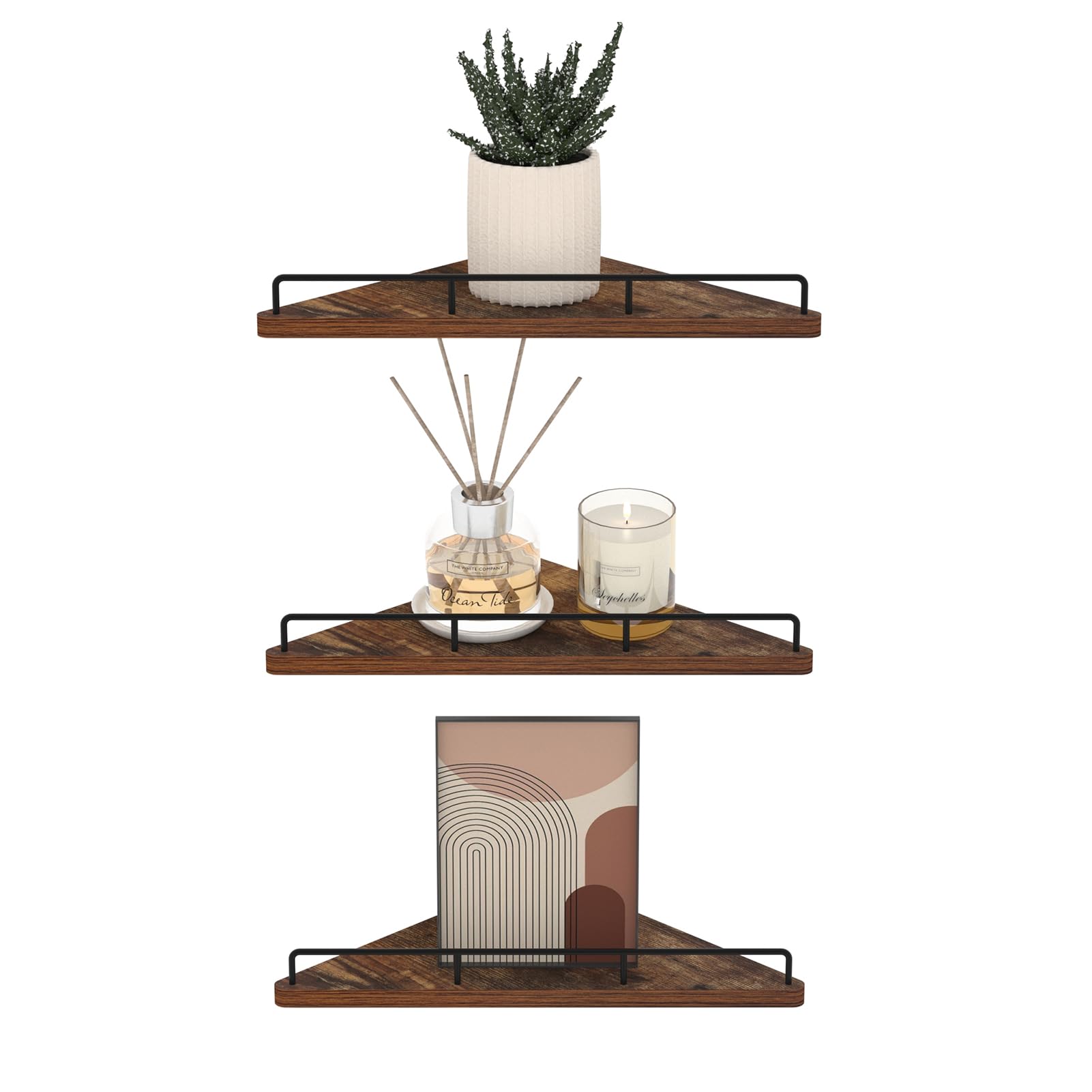 Trwcrt Set of 3 Floating Corner Shelves - Rustic Wood Wall Mounted Storage Shelves for Bedroom, Living Room, Bathroom & Kitchen - Brown - Perfect for Small Space Organization & Home Decor