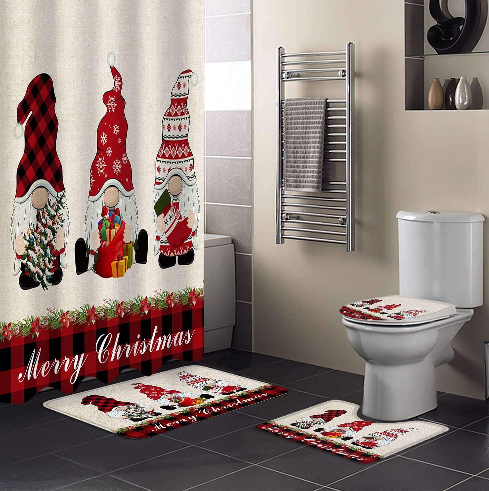 4PCS Christmas Bathroom Mat Set - Non-Slip Gnome Buffalo Check Plaid Shower Curtain Rugs & Toilet Seat Cover - Farmhouse Holiday Decor for Bath, Shower, and Toilet Areas