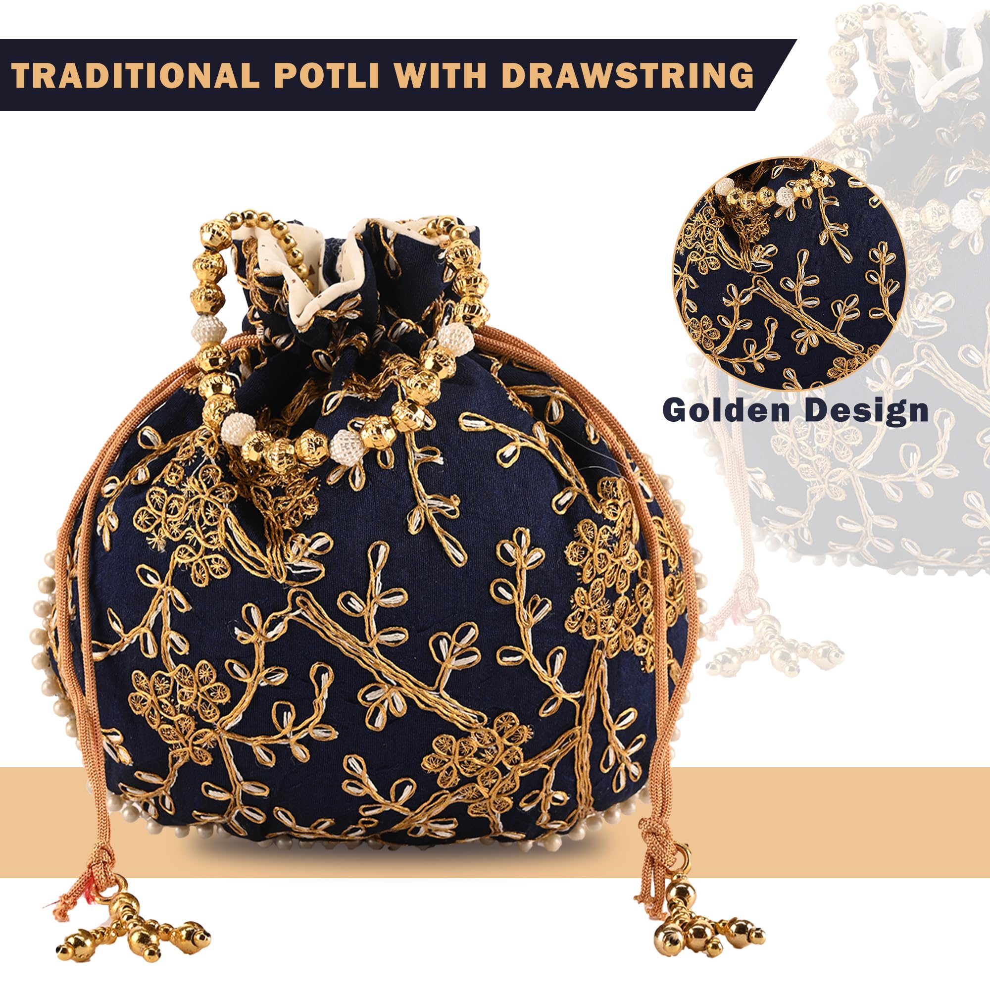 Kuber Industries Jute Potli Bags for Women - Embroidered Indian Traditional Handbags - 5 Pack Multicolor Drawstring Pouches for Wedding, Party & Gift Giving