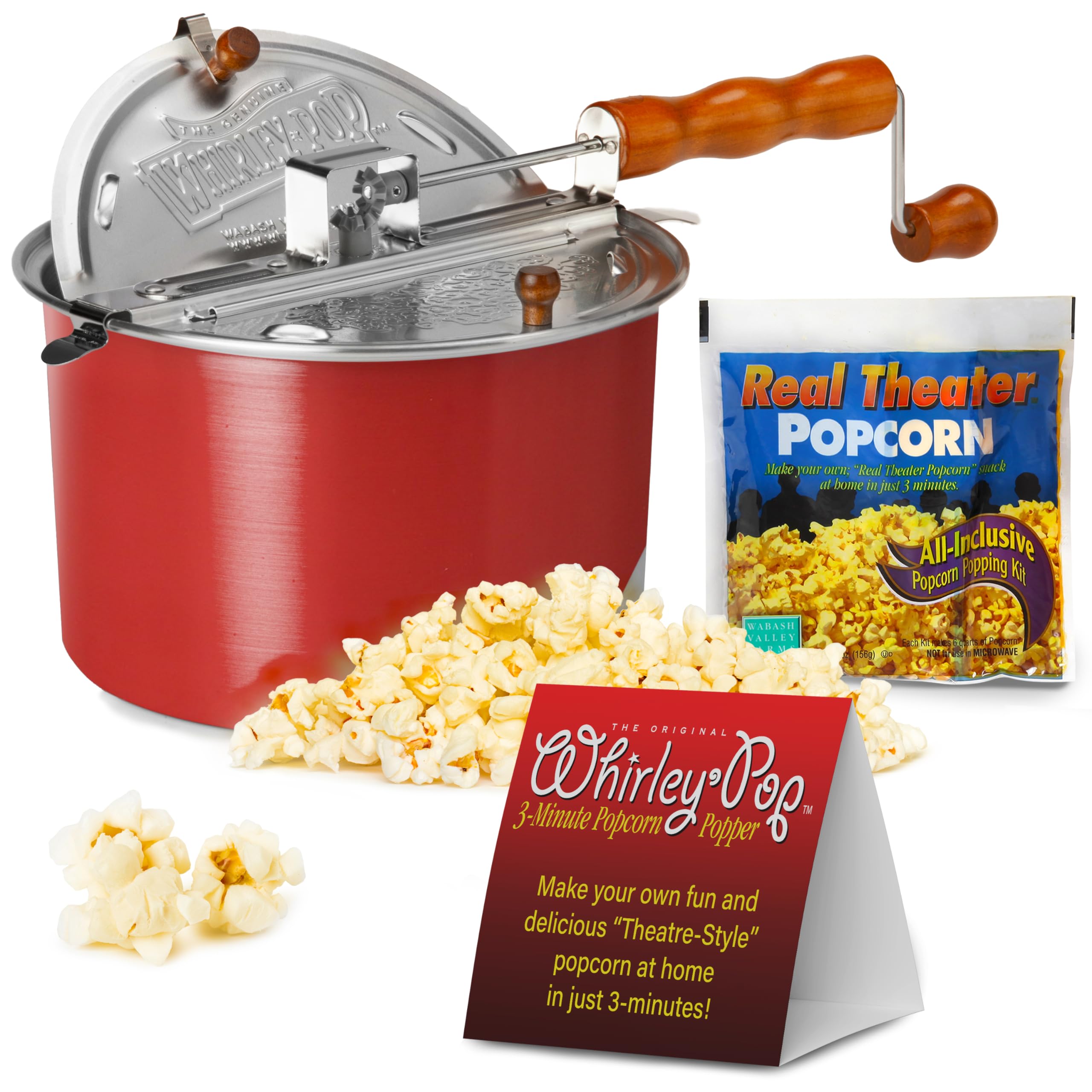 Original Whirley Pop Popcorn Maker - 6 Quart Stovetop Popcorn Popper with 5 Popping Kits, Aluminum Popcorn Pot with Nylon Gears, Wabash Valley Farms Stove Top Popcorn Pan (Red) - Perfect for Movie Nights, Parties, and Family Snacking