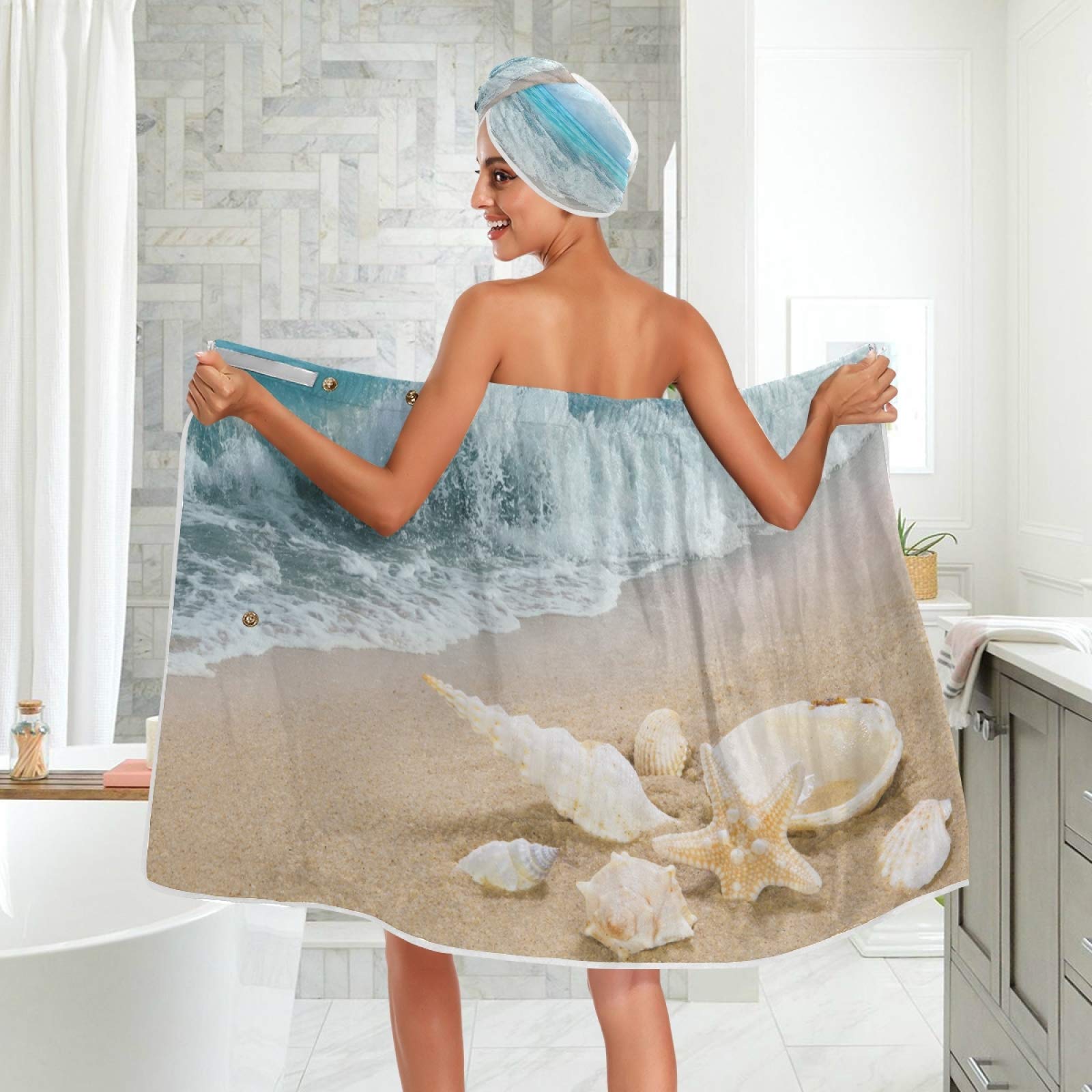 **Pfrewn Beach Seashell Starfish Bath Wrap Spa Towel with Adjustable Closure - Soft Hair Towel Headband for Women, Ocean Wave Sand Design - Perfect for Spa, Beach, and Shower Relaxation**