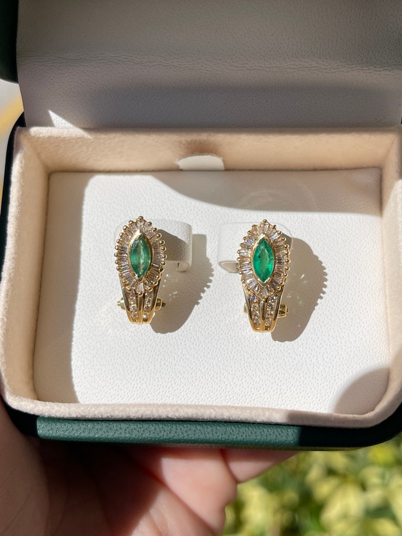 1.08tcw 14K Gold Natural Mossy Medium Dark Green Emerald & Diamond Accent Lever Back Earrings for Women - Elegant Dangle Earrings for Parties, Weddings & Special Occasions