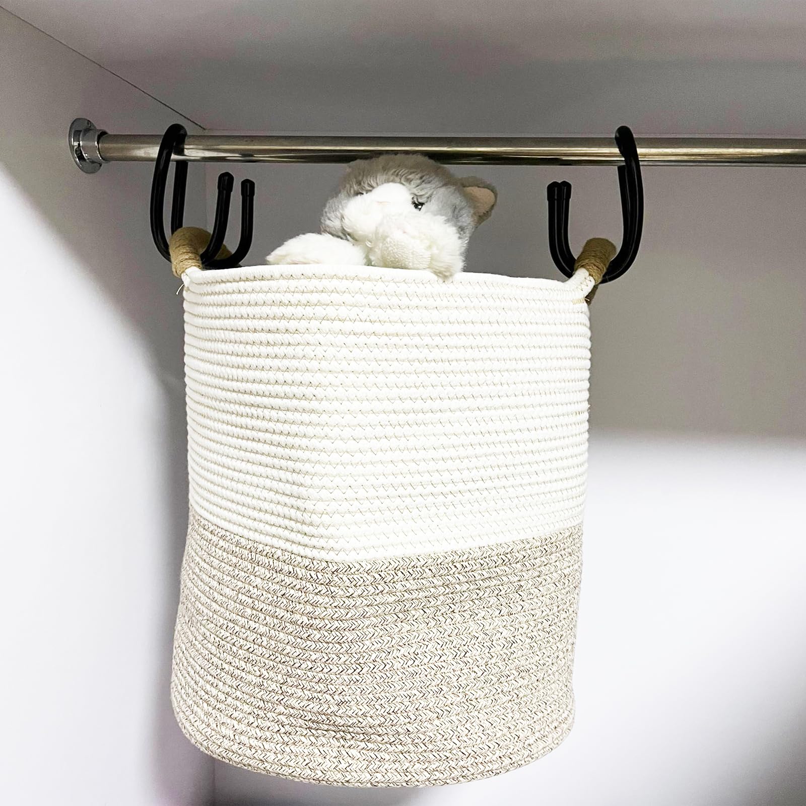 Pmsanzay 2-Pack Cotton Rope Closet Hanger Hooks - Heavy Duty Storage Basket Organizer for Purses, Handbags, Belts, Hats, Backpacks & Jeans - Space Saving Closet Organization Solution for Bedroom, Bathroom & Entryway