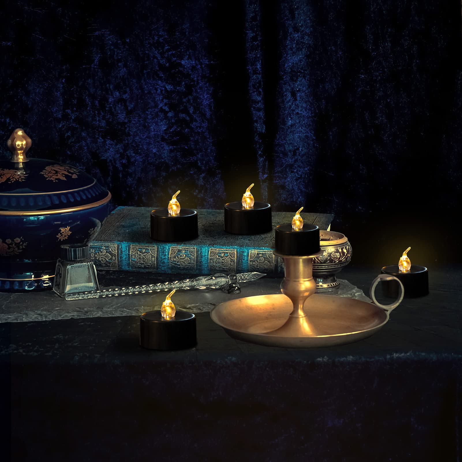LANKER 24 Pack Black Tea Light Candles - Flameless LED Candles with Flickering Warm Yellow Flame, Battery Operated Fake Candles for Wedding, Halloween & Christmas Decor - Perfect for Centerpieces, Table Settings & Holiday Displays