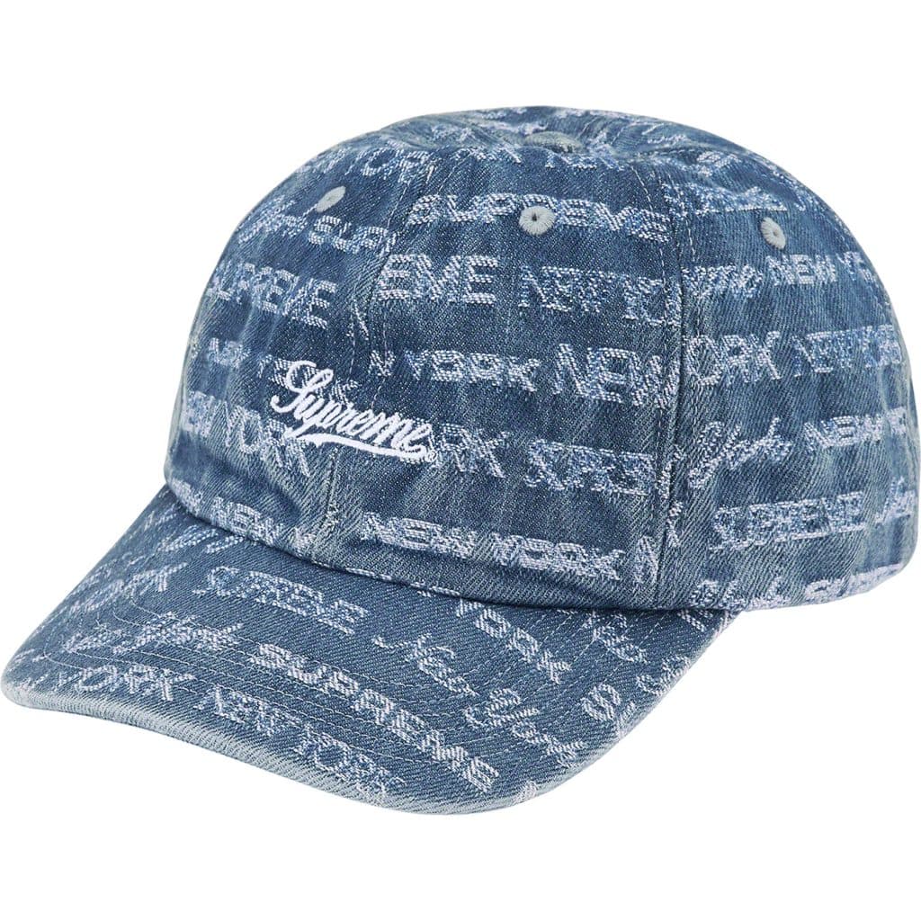 Supreme Multi-Type Jacquard Denim 6-Panel Blue Hat - Stylish Streetwear Accessory for Urban Fashion & Hip-Hop Enthusiasts