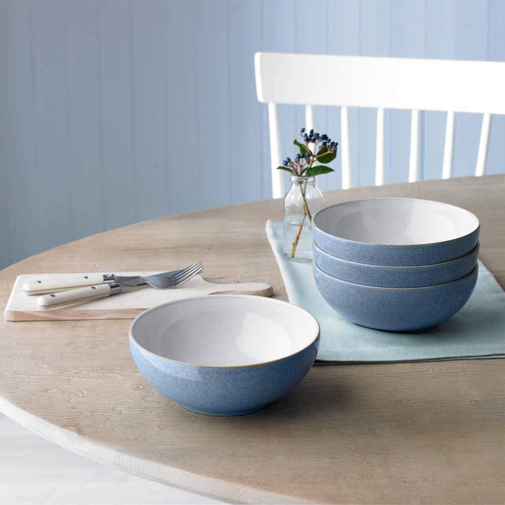 Denby Elements Blue & White Ceramic Cereal Bowls Set of 4 - 17cm (820ml) Microwave & Dishwasher Safe Stoneware - Crack Resistant Soup & Salad Bowls for Breakfast, Dining & Kitchen Use