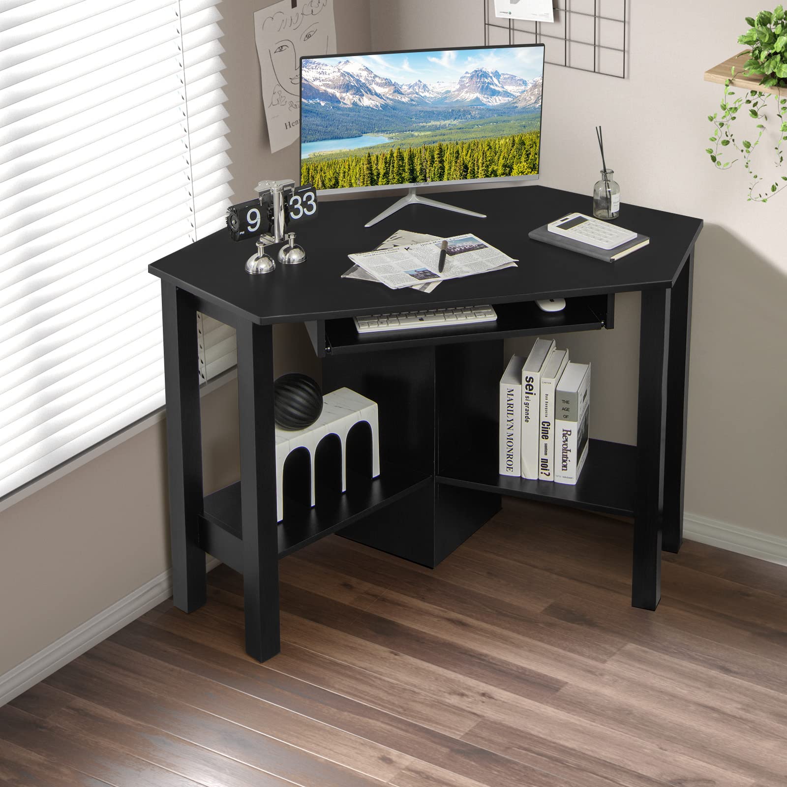 Tangkula Small Corner Desk with Keyboard Tray - Triangle Computer Desk for Bedroom, Home Office & Small Spaces - Space Saving Writing Desk with Storage Shelves - Perfect for Work, Study & Makeup Vanity