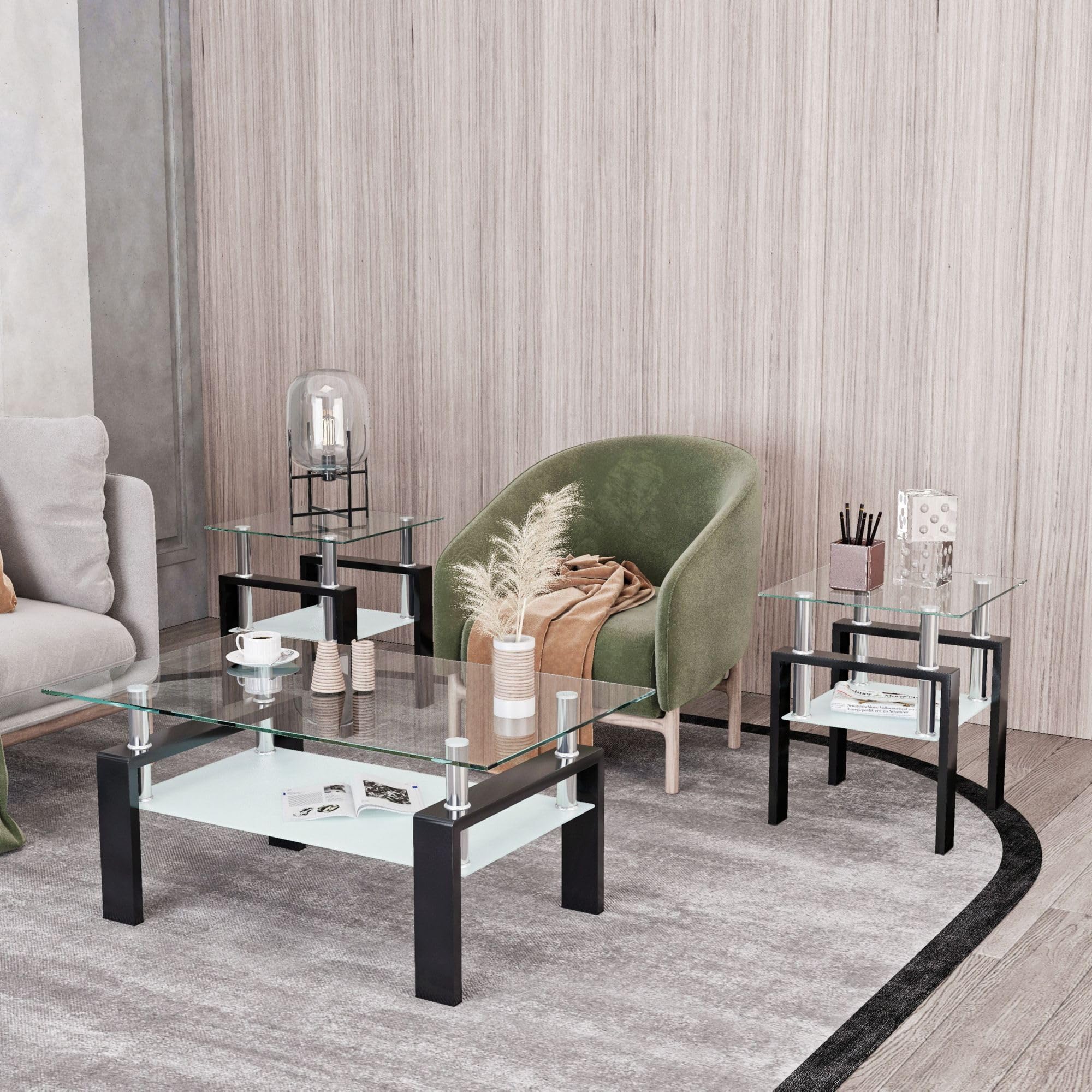 IANIYA 3-Piece Modern Tempered Glass Coffee Table Set - Sleek Design Living Room Furniture with High Capacity - Perfect for Small Spaces, Apartments & Contemporary Home Decor (Transparent)