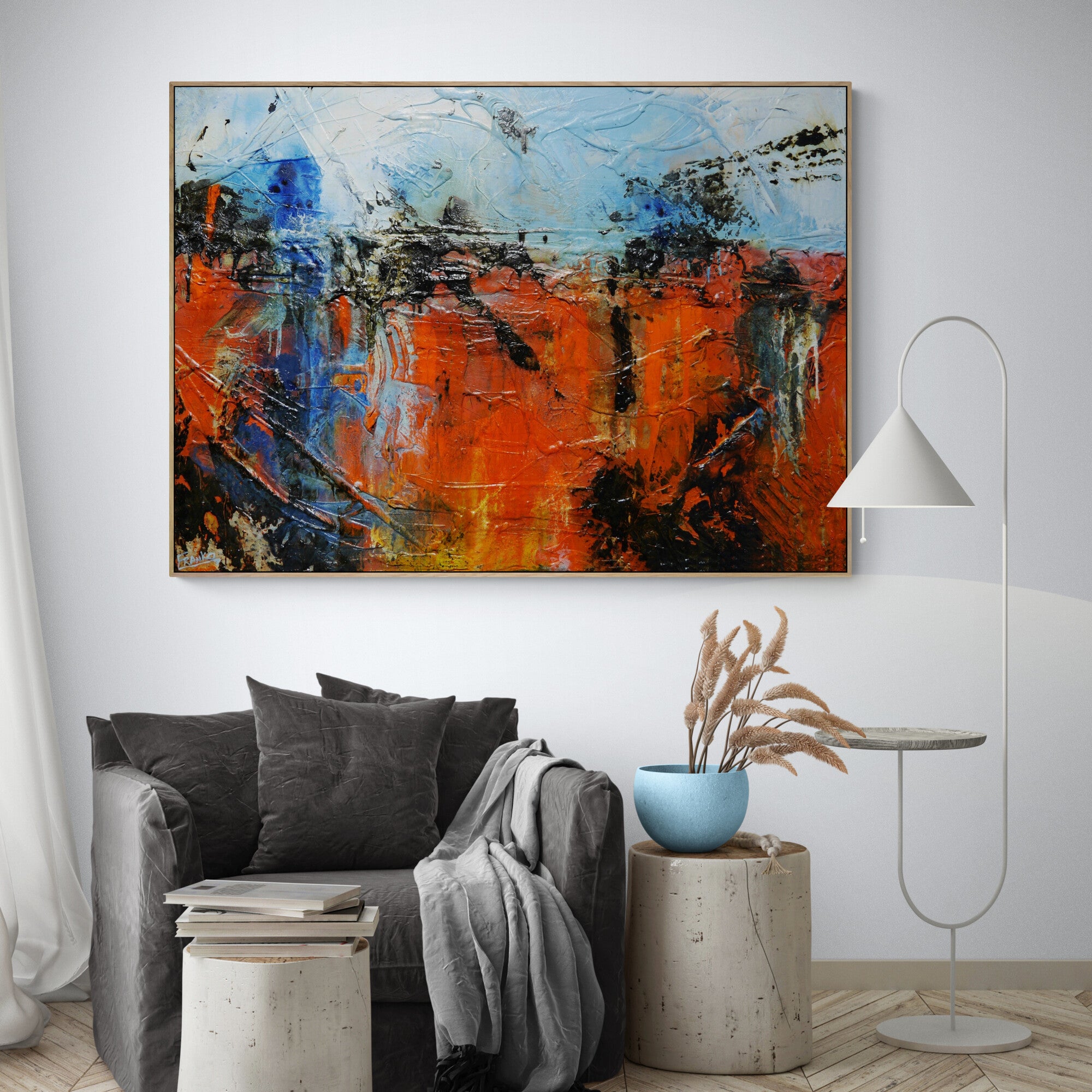Orange Regatta 140cm x 100cm Textured Abstract Painting in Orange & Blue - Modern Wall Art for Living Room, Bedroom, or Office Decor