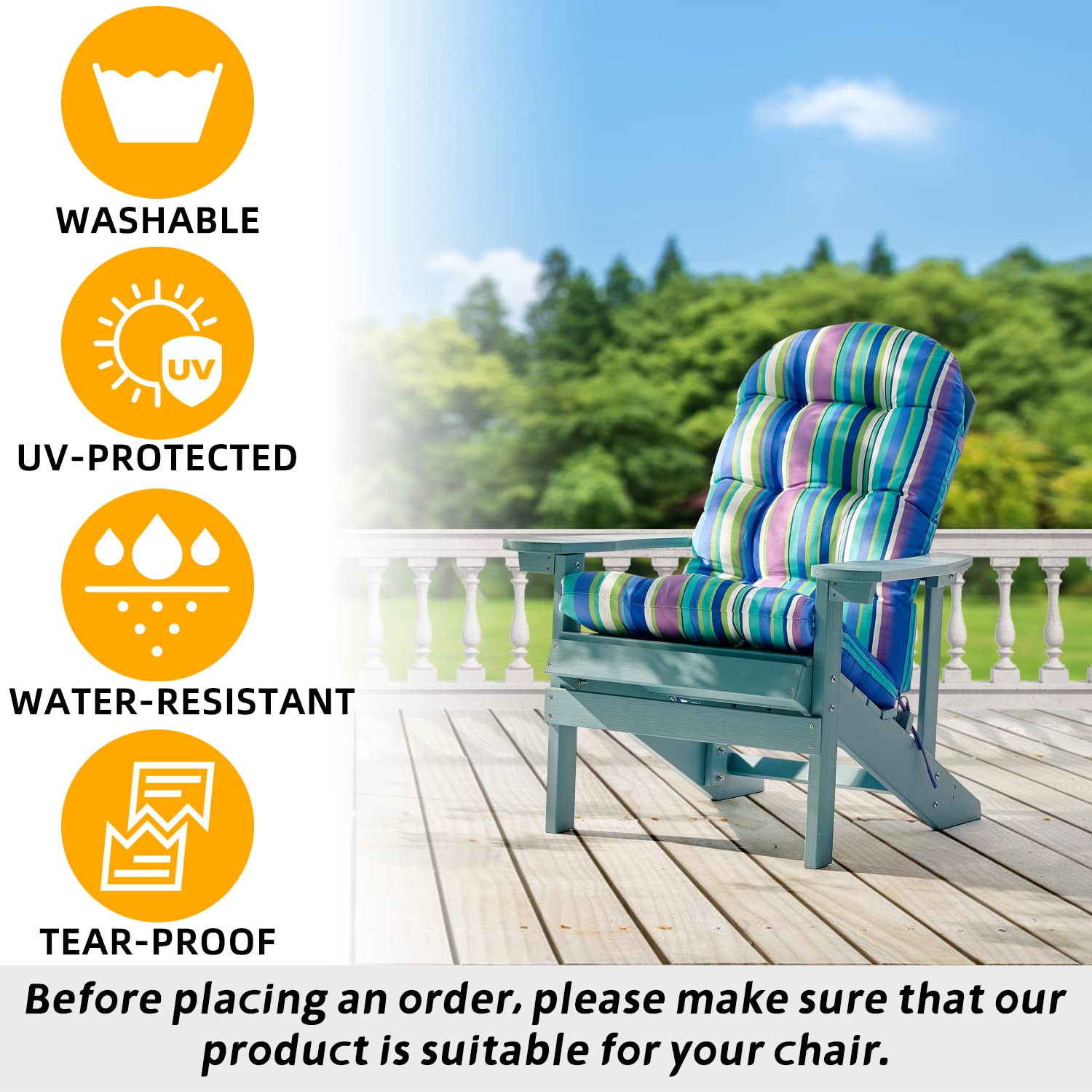 FILUXE Waterproof Adirondack & Rocking Chair Cushions - High Back Patio Pillow with Ties, Fade-Resistant All-Weather Indoor/Outdoor Seat Cushion (Stripe Blue, 2-Pack) for Garden, Deck, Porch & Poolside Relaxation
