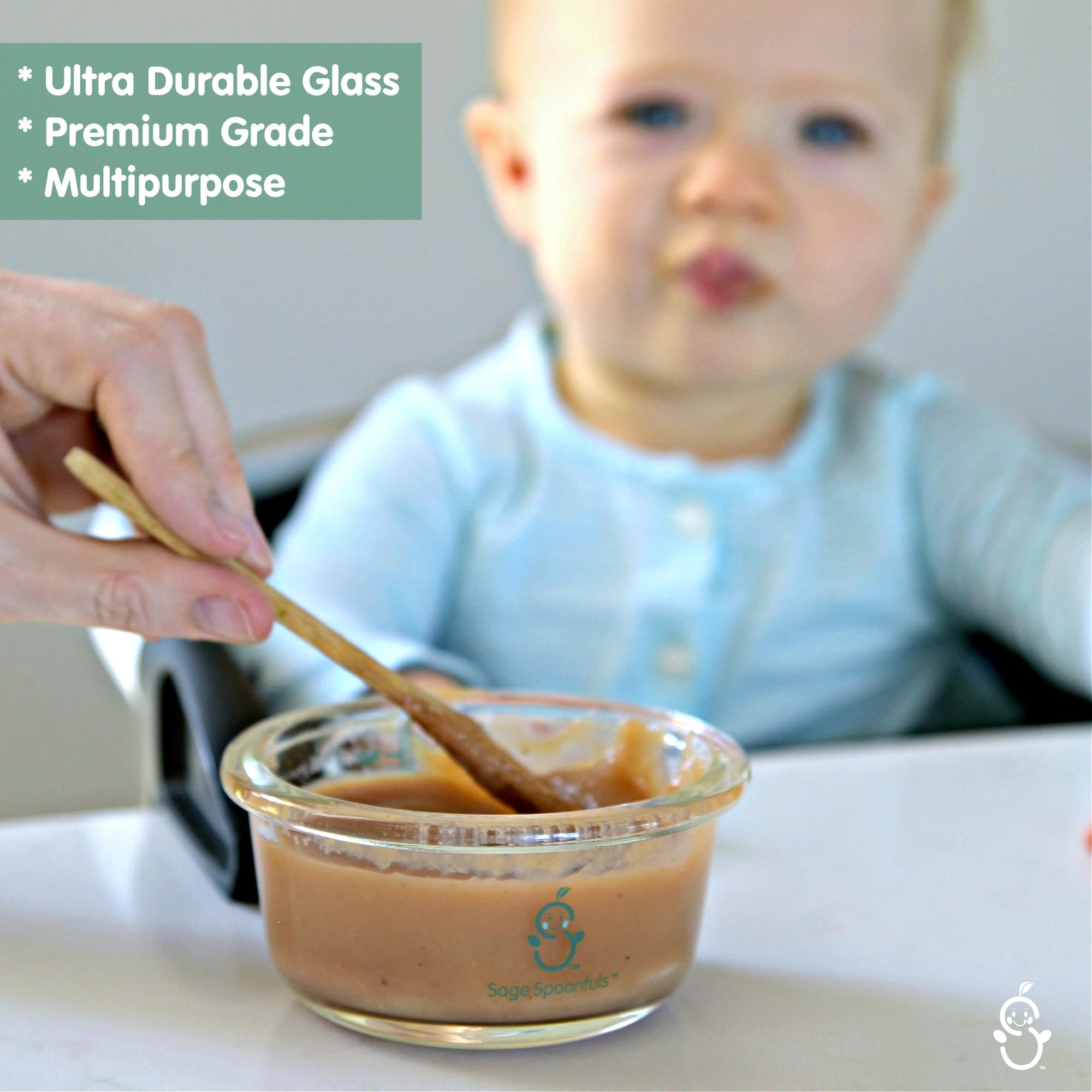 Sage Spoonfuls 7 oz Glass Baby Food Storage Containers with Lids - 4 Pack, BPA-Free, Leakproof & Airtight, Freezer, Microwave & Dishwasher Safe, Reusable Baby Food Jars for Homemade Purees, Snacks, and Meal Prep