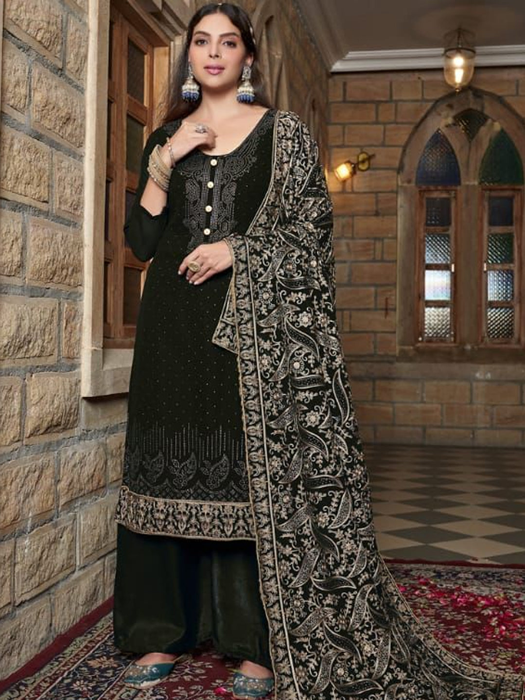 Elegant Black Georgette Palazzo Suit with Embroidery & Diamond Work - Semi Stitched Designer Outfit for Women | Perfect for Weddings, Parties & Special Occasions