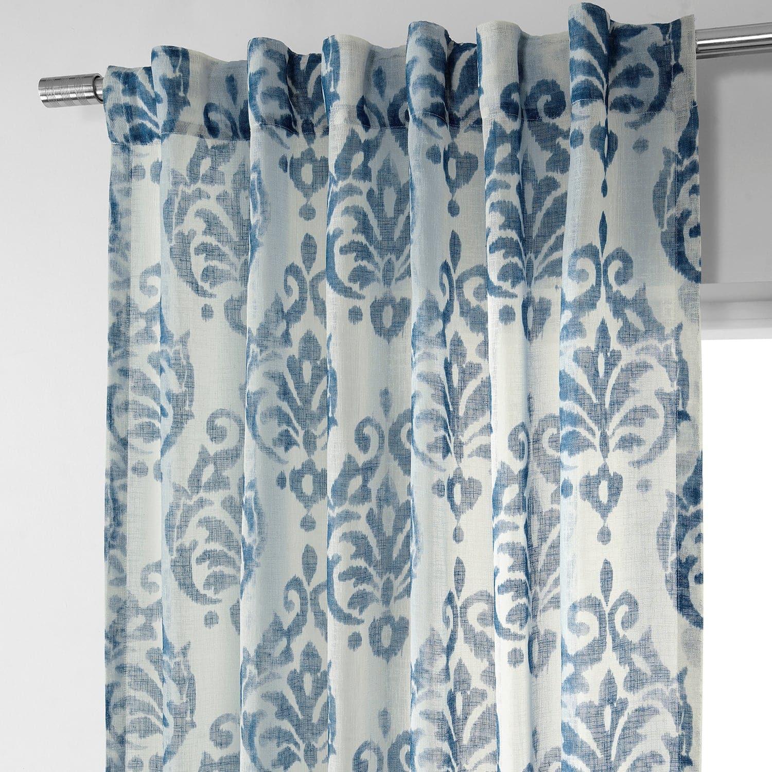 Fresco Blue Damask Printed Sheer Curtains - Elegant Window Treatments for Living Room, Bedroom & Dining Room Decor