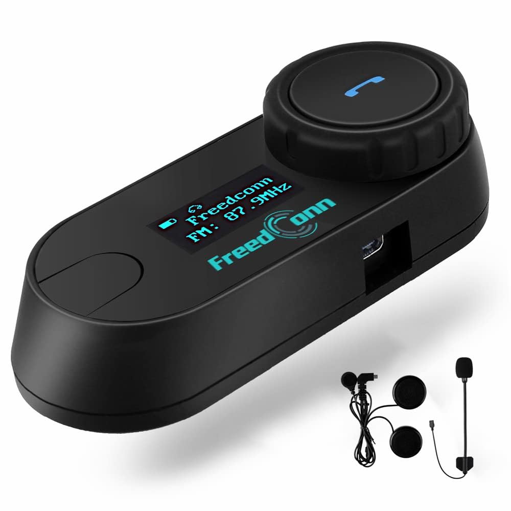 FreedConn TCOM-SC BT5.0 Motorcycle Bluetooth Headset - Wireless Helmet Intercom Communication System for 2 Riders, 800M Range, Music Sharing & LCD Screen with FM Radio - Perfect for Group Riding, Road Trips and Motorcycle Tours