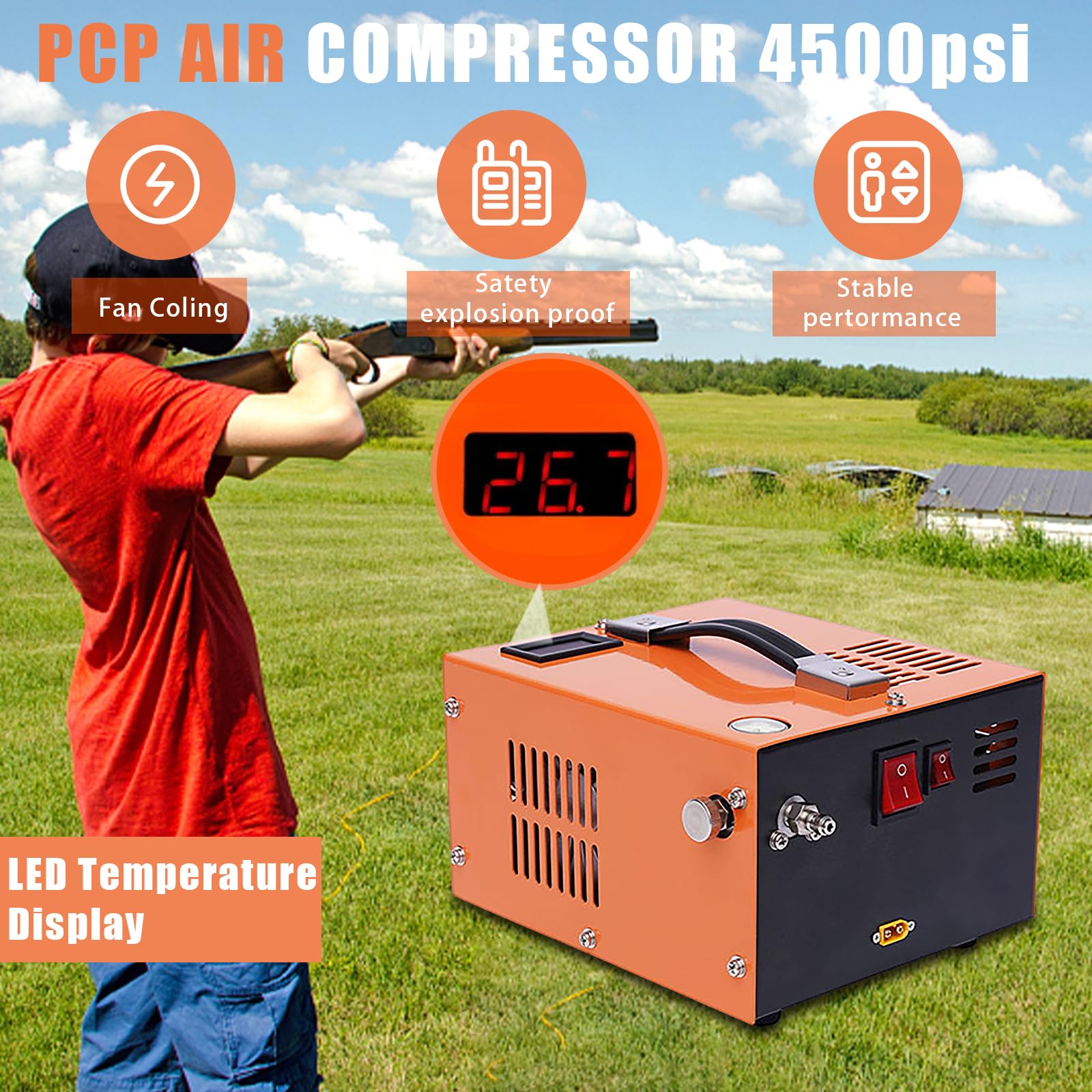 4500psi 12V High Pressure Air Compressor for PCP Air Guns - Portable PCP Pump with Built-in Transformer & Fan Cooling (Orange) - Perfect for Hunting, Paintball & Airsoft Refills