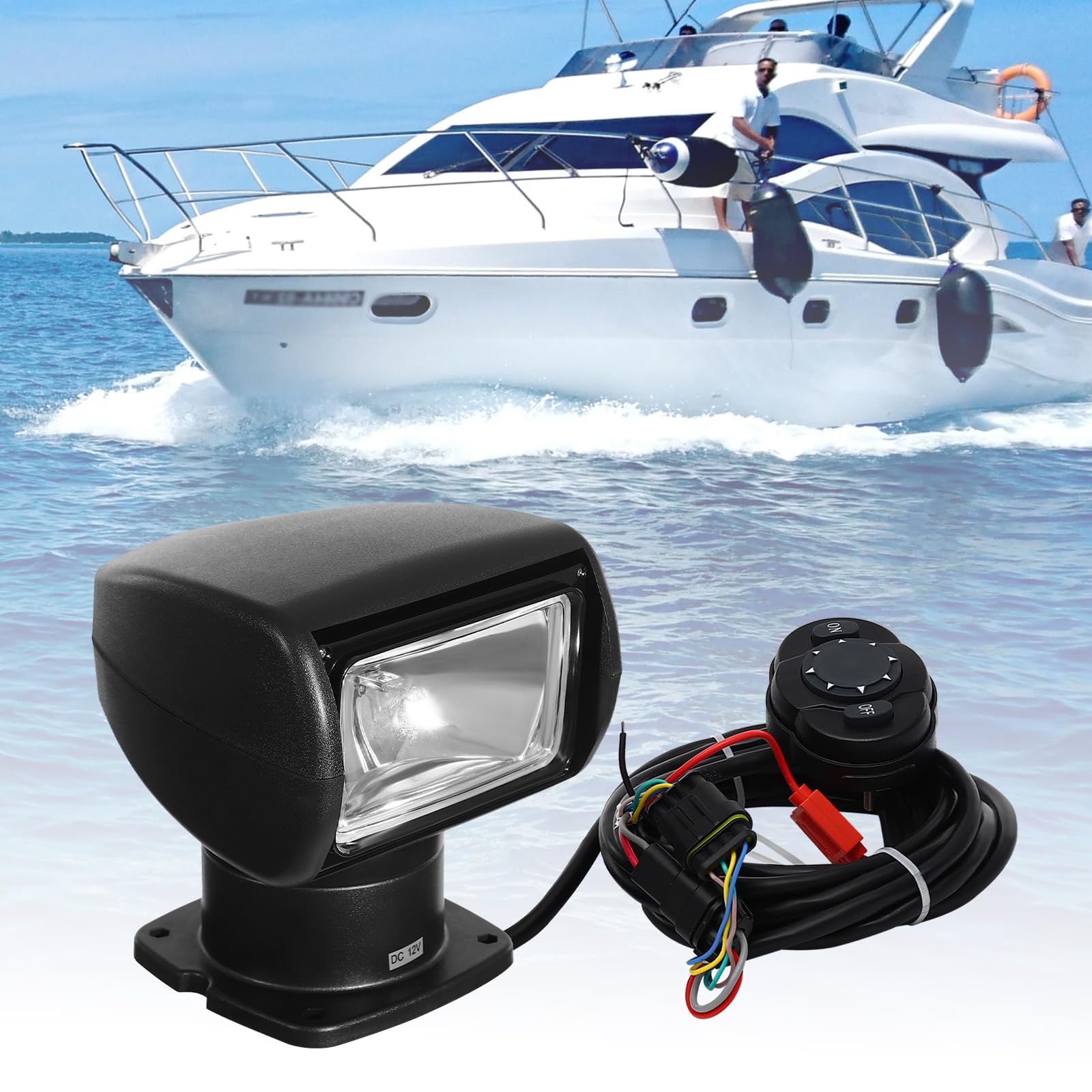360° Rotating Remote Control Marine Boat Spotlight - 12V 100W Waterproof Halogen Search Light for Boats & Trucks | Omnidirectional Lighting for Night Fishing, Offshore Navigation & Emergency Rescue (Black)