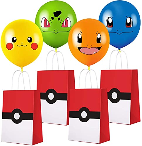 16+16 PCS Game Theme Birthday Party Favor Bags with Balloons - Pokemon Party Supplies for Kids & Adults - Candy Treat Goodie Bags for Birthday Decorations, Baby Showers & Game Themed Events