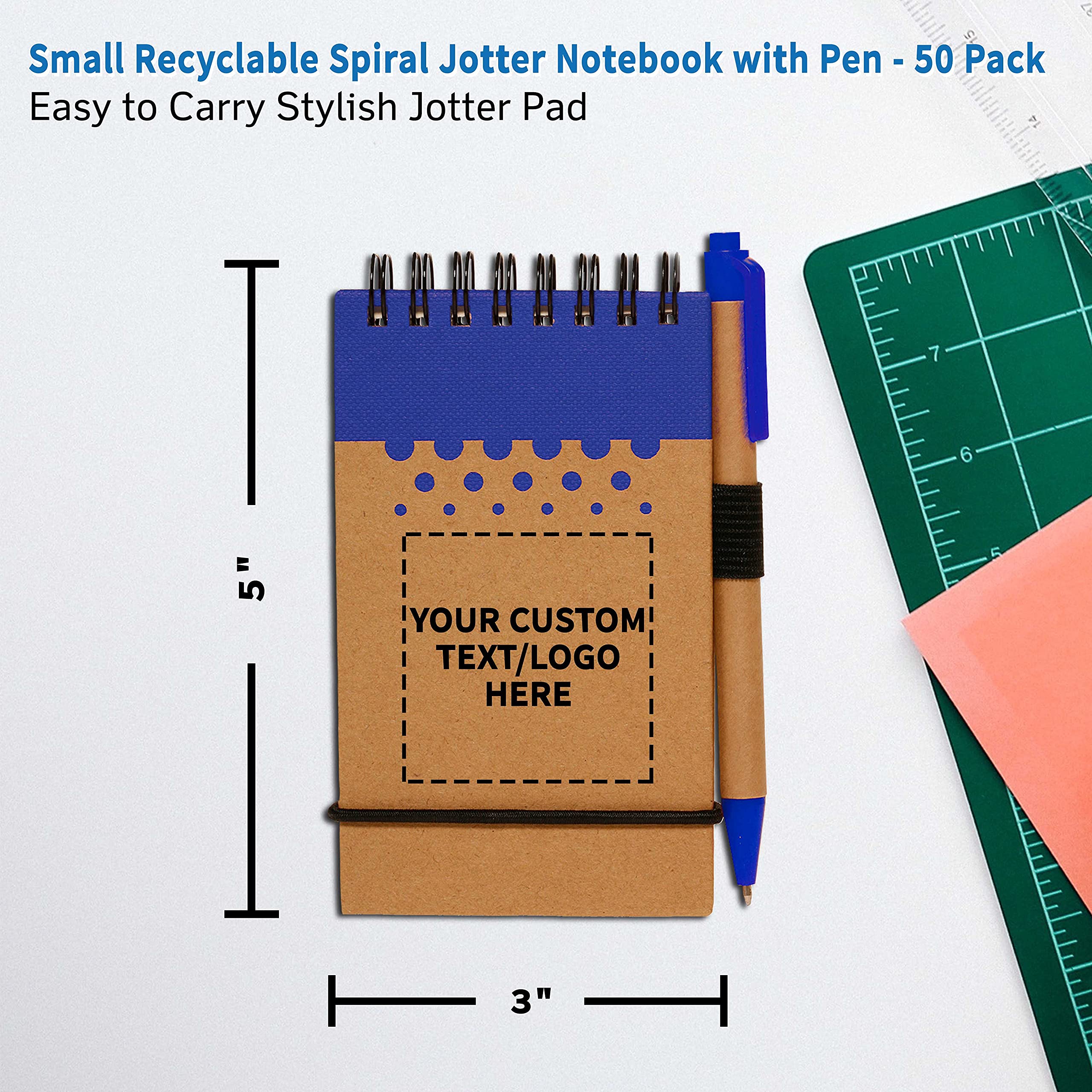 50-Pack Recyclable Spiral Small Notebooks - Customizable Text & Logo - 60 Lined Pages - Blue - Perfect for Office, School & Gifts