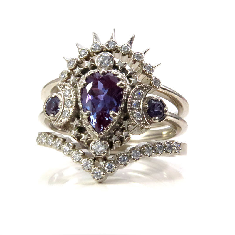 3 Ring Engagement & Wedding Set - Chatham Alexandrite Pear Cosmos with Sunray & Pave Diamond Bands in 14K Palladium White Gold | Perfect for Proposals, Anniversaries & Bridal Jewelry