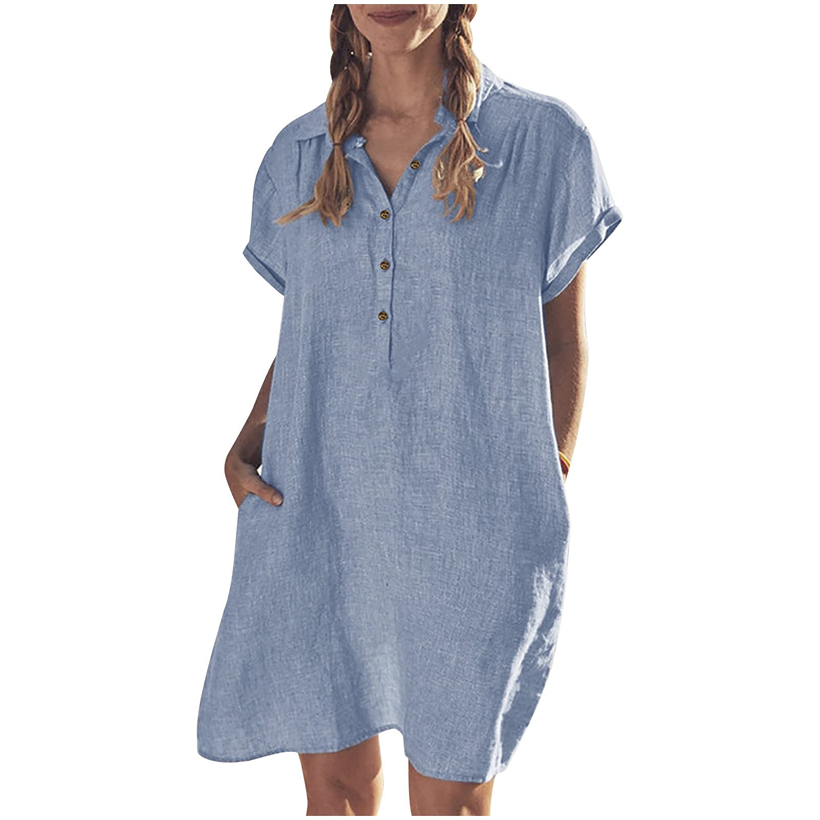 Yooshoverk Women's Cotton Linen Dress with Lapel Collar - Slimming Tummy Control Shirt Dress, Short Sleeve Button Down Solid Color Skirt Dress for Casual Wear, Office & Summer Outings