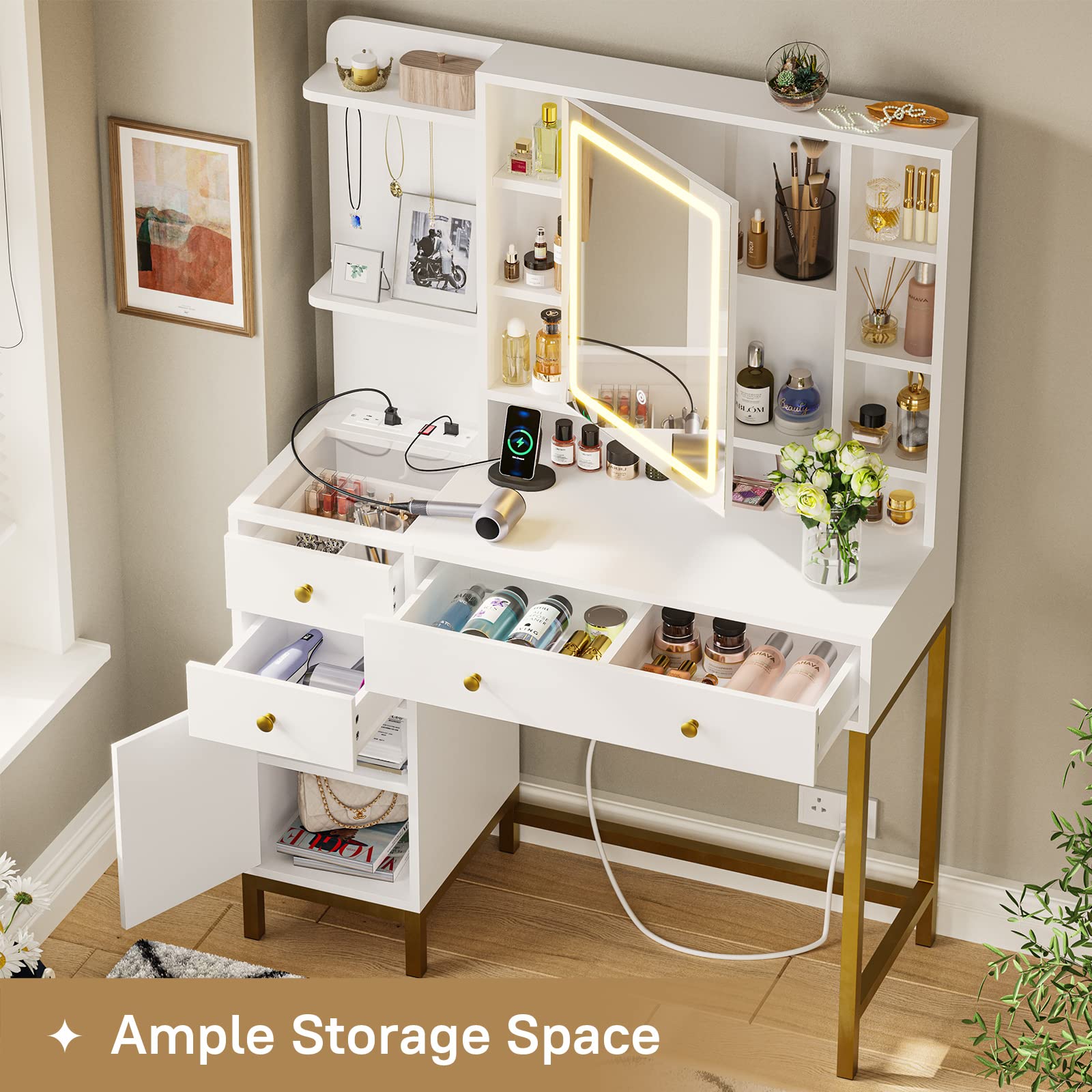 VIAGDO White Vanity Desk with LED Lights - Makeup Vanity Table with Openable Mirror, Charging Station, 4 Drawers & Storage Shelves - Perfect for Bedroom, Dressing Room & Beauty Salon Organization