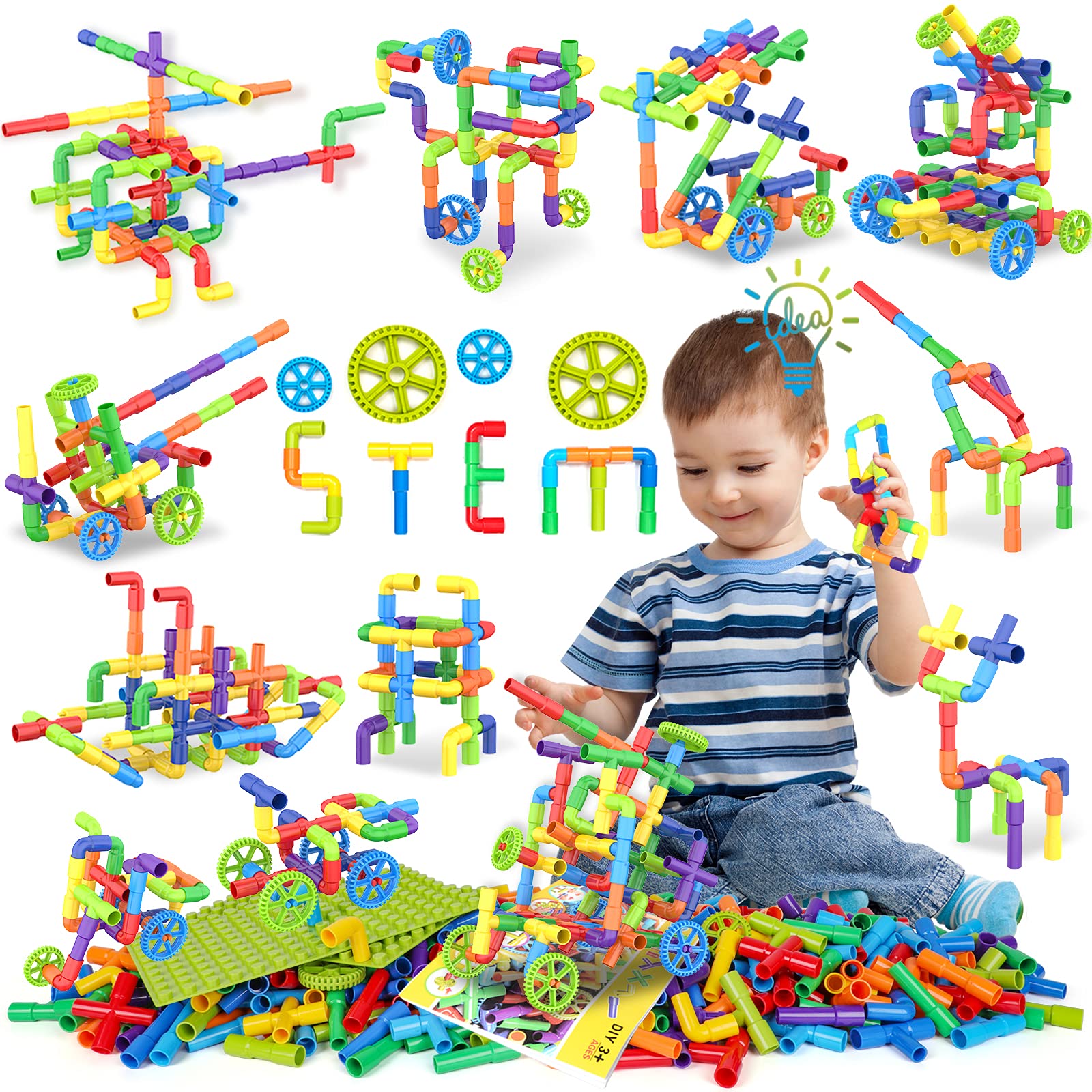 354 Pcs STEM Building Blocks Set - Educational Construction Toy for Kids with Pipe Tubes, Wheels & Storage Box | Creative Learning Toy for Toddlers, Boys & Girls | Perfect for Classroom, Birthday Gifts & Sensory Play