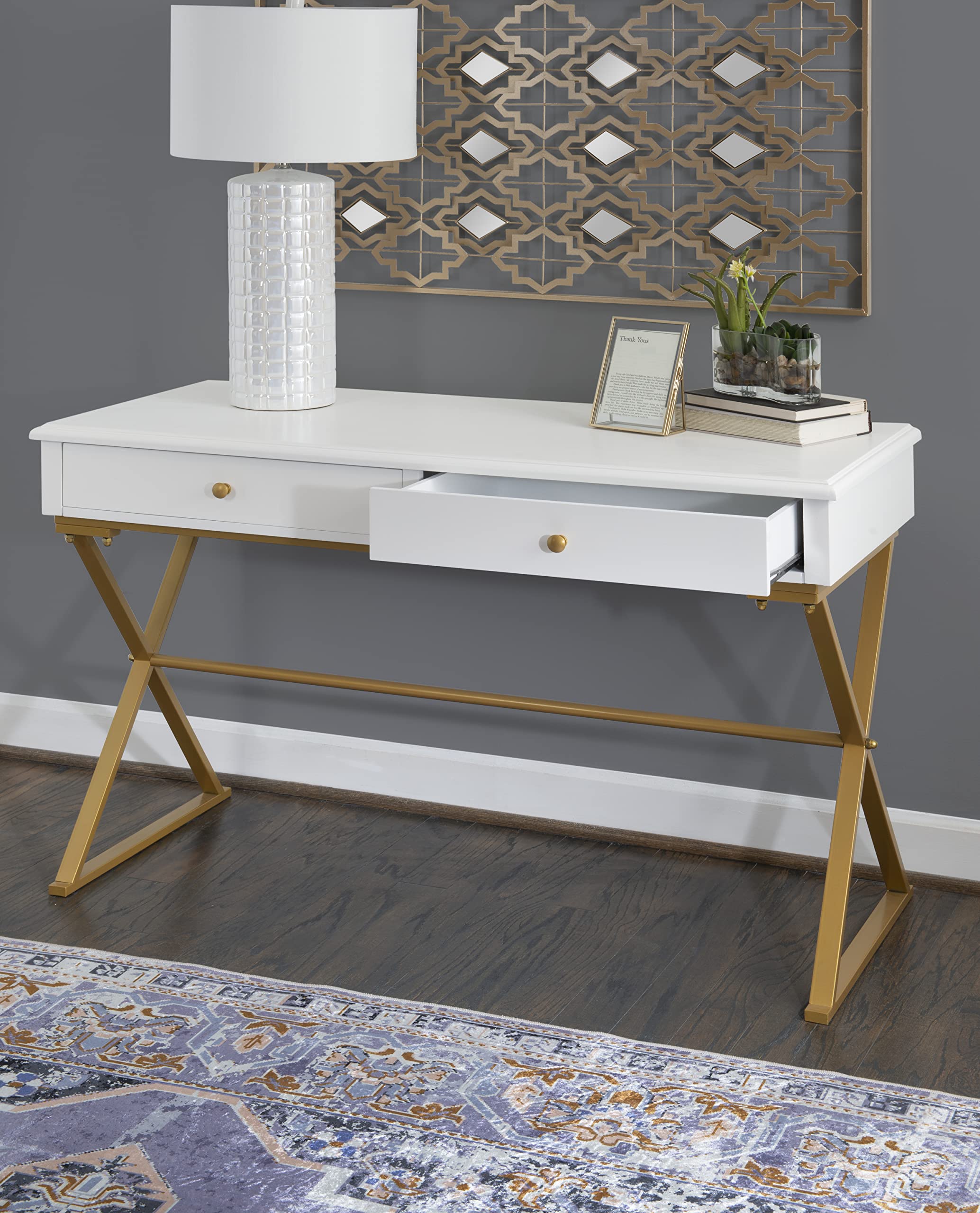 Linon Harli White Two-Drawer Campaign Desk - Compact Home Office Writing Table with Storage | Perfect for Small Spaces, Dorm Rooms & Workstations