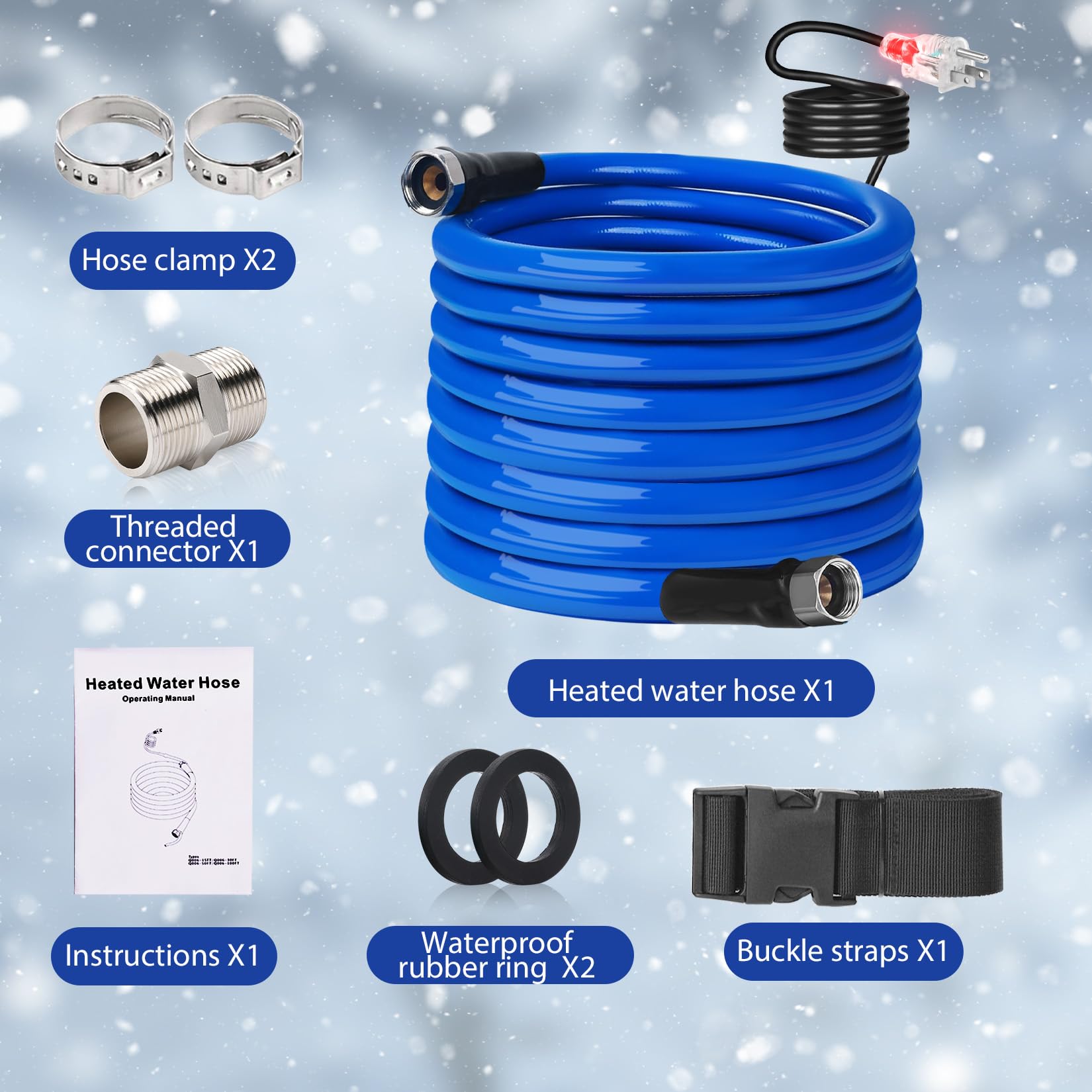 **15FT 25FT 75FT 100FT Heated RV Water Hose -45℉ Freeze Proof, Drinking Safe, Energy Saving Thermostat, 1/2