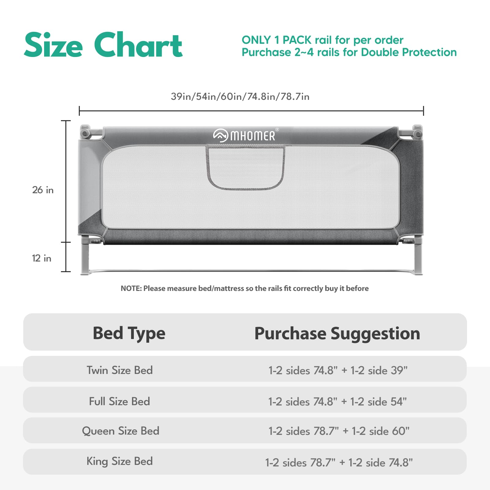 MHOMER Foldable Bed Rail for Toddlers & Kids - Quick 2-Minute Assembly, Fits Queen, King, Full & Twin Size Beds - Sturdy U-Shape Base Baby Bed Guard (74.8
