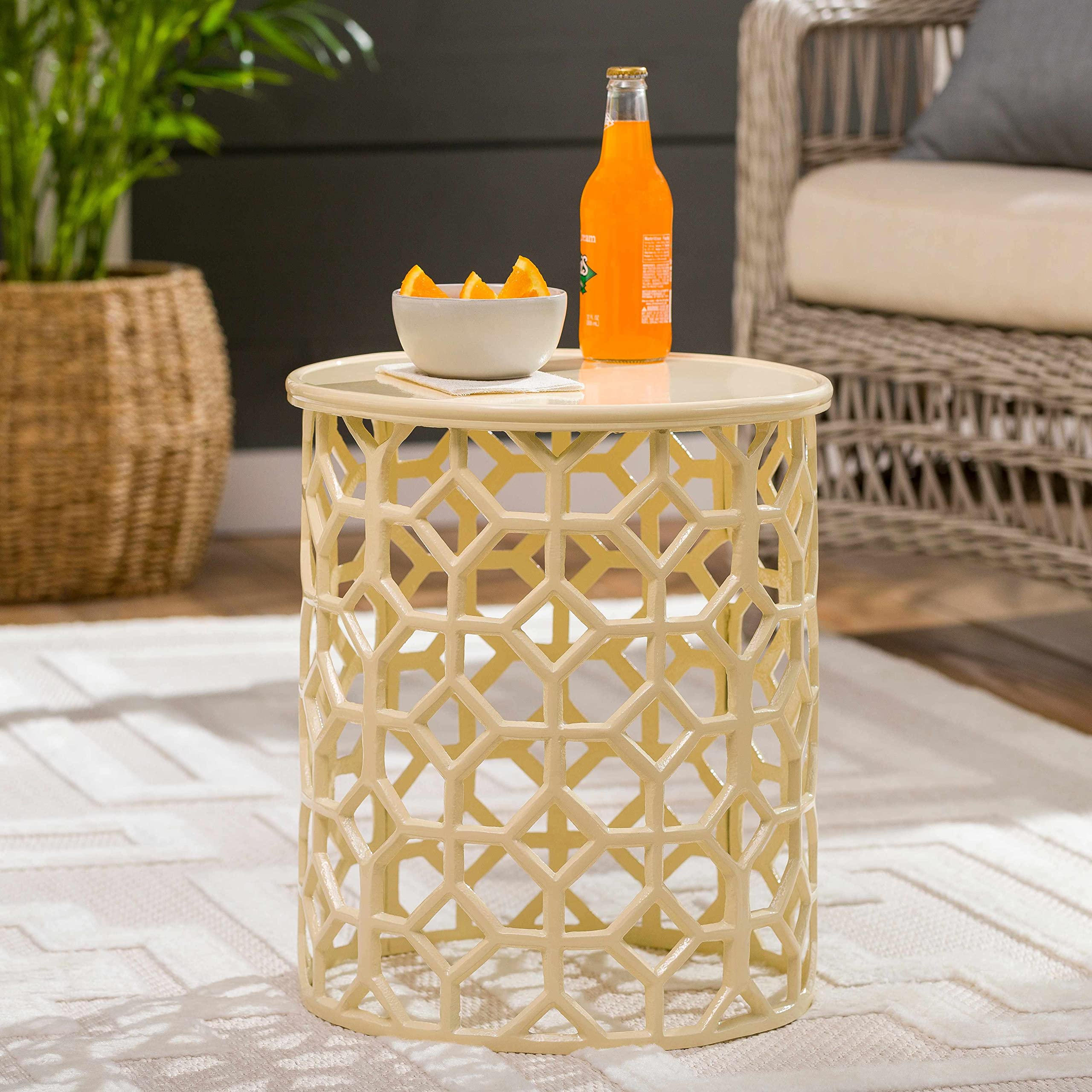 Modern Geometric Metal Coffee Table - Cream Accent Side Table for Living Room & Bedroom - 16