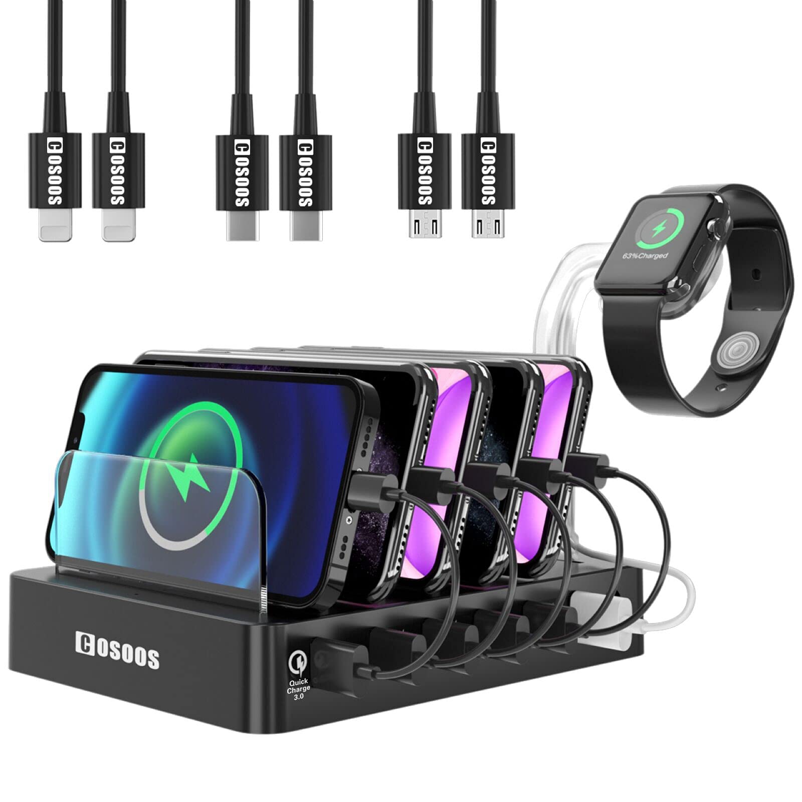 COSOOS 6-Port USB Charging Station with Quick Charge 3.0 - Fastest Multi-Device Charger for Phones & Tablets - Includes 6 Charger Cables (3 Types) - Perfect for Home, Office, and Travel Use