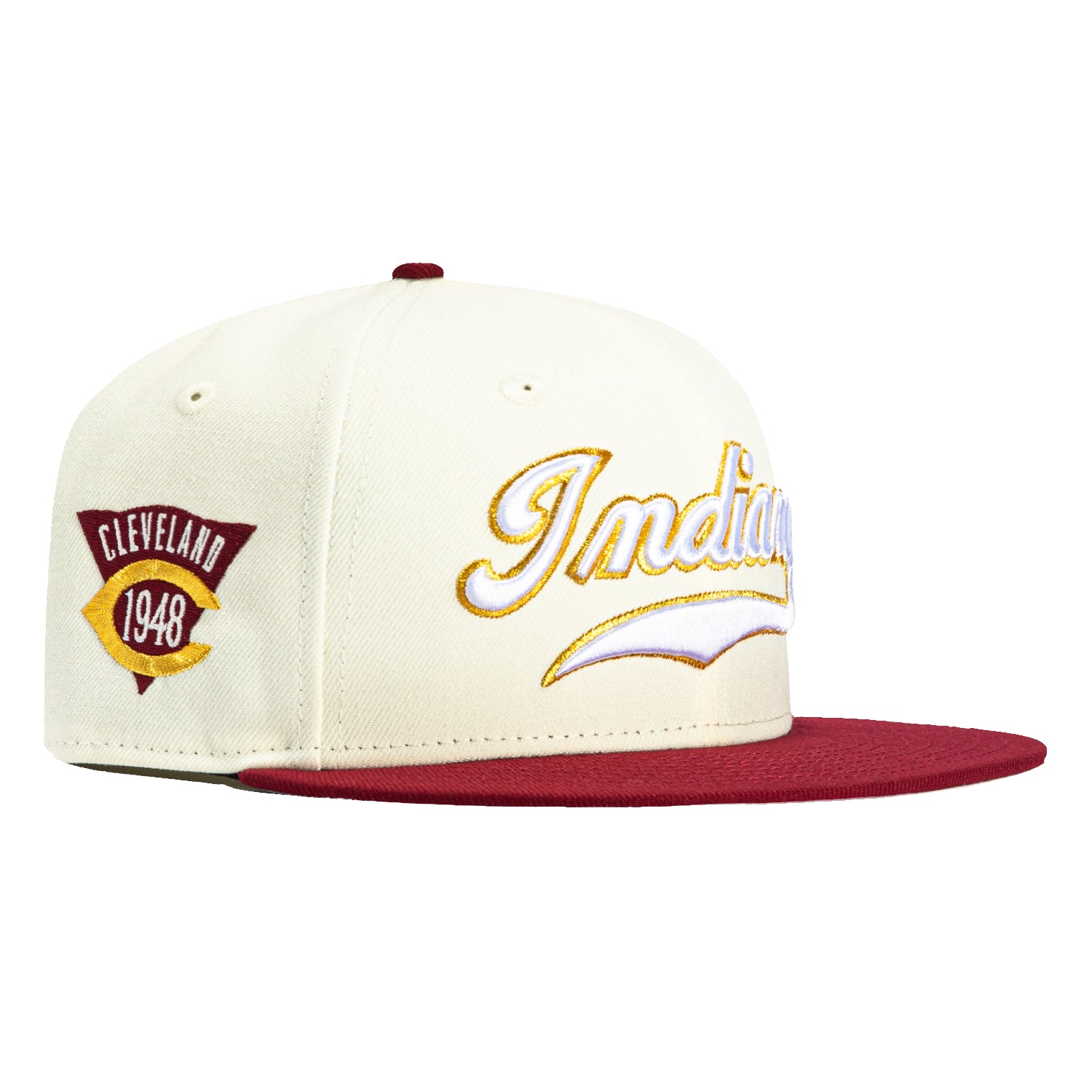 New Era 59Fifty Cleveland Indians 1948 Patch Script Baseball Cap - White & Cardinal Red - MLB Officially Licensed Snapback Hat for Men & Women - Perfect for Baseball Games, Sports Events & Streetwear Fashion