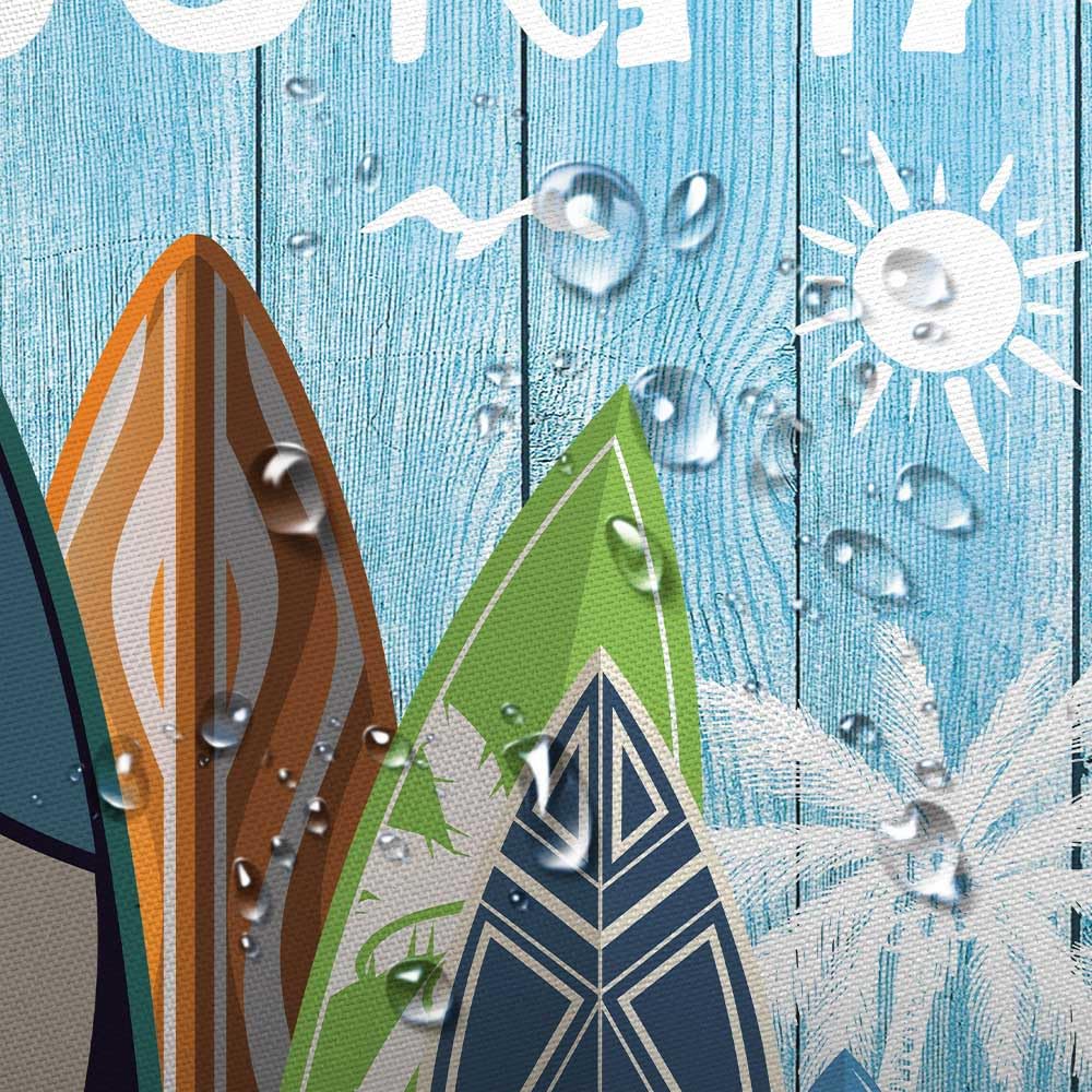 JAWO Beach Shower Curtain - Tropical Surfboard & Palm Tree Design on Teal Blue Rustic Wooden Plank Fabric Bathroom Decor - 69x70 Inches with Hooks - Perfect for Coastal, Nautical & Beach-Themed Bathrooms