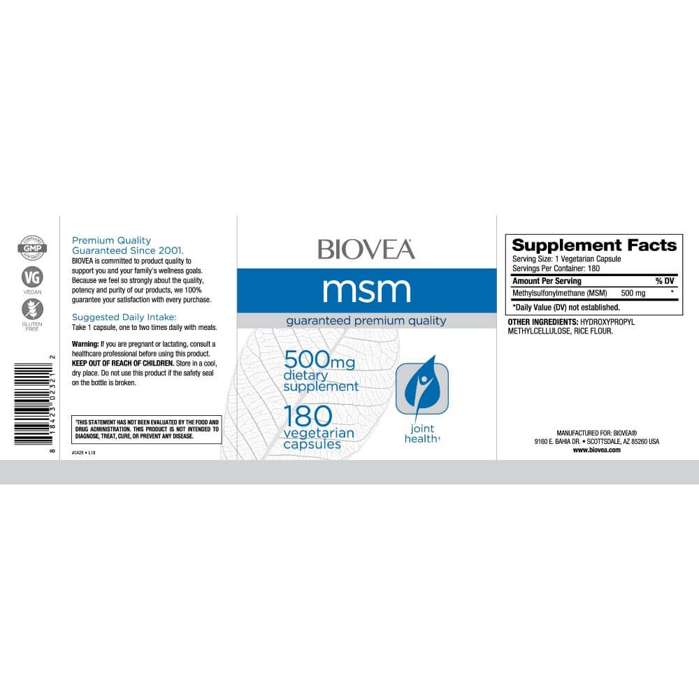Biovea MSM 500mg 180 Vegetarian Capsules - Organic Sulfur Supplement for Joint Pain Relief, Hair & Skin Health - Supports Collagen Production & Detoxification - Ideal for Athletes & Active Lifestyles