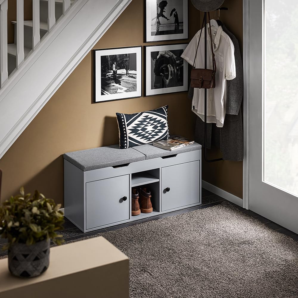 Haotian Storage Bench with Adjustable Shelf & Removable Cushion - Modern Shoe Cabinet for Bedroom, Entryway & Hallway | Grey Ottoman Bench for Organizing Shoes & Home Decor (FSR96-DG)