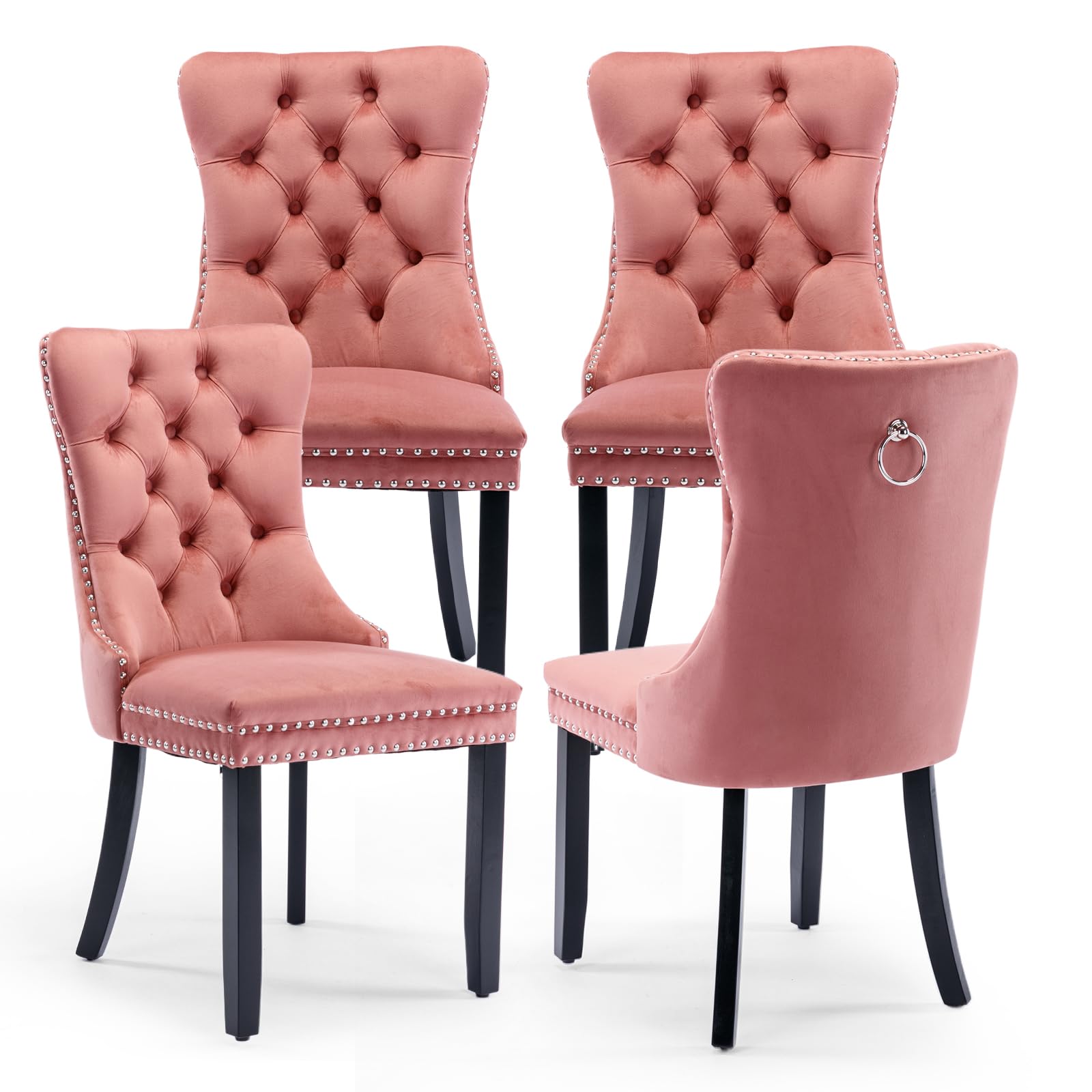 Luxury Velvet Upholstered Dining Chairs Set of 4 - Modern Kitchen Side Chairs with Nailhead Trim & Solid Wood Legs - Metal Pulling Ring for Dining Room, Living Room, Home Office - Soft Pink Velvet Seating (4-Piece Set) - Perfect for Modern Homes, Restaurants & Wedding Decor