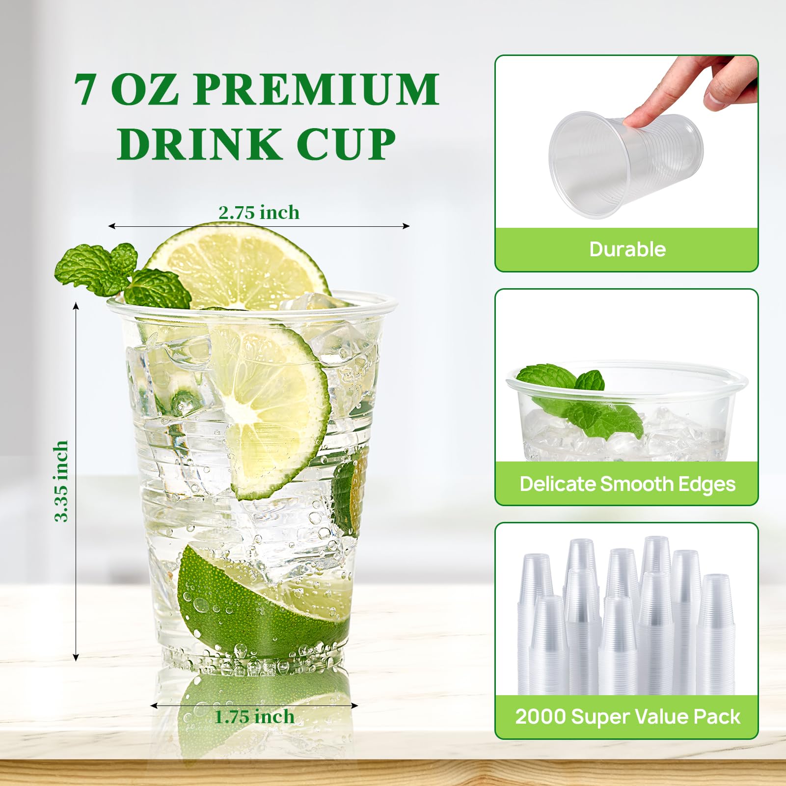 Vplus 2000 Pack 7 oz Clear Plastic Cups - Disposable Drinking Cups for Cold Beverages, Water, Party & Desserts - Bulk Plastic Cups for Business, Wedding, Events & Parties - Perfect for Catering, Picnics & Office Use