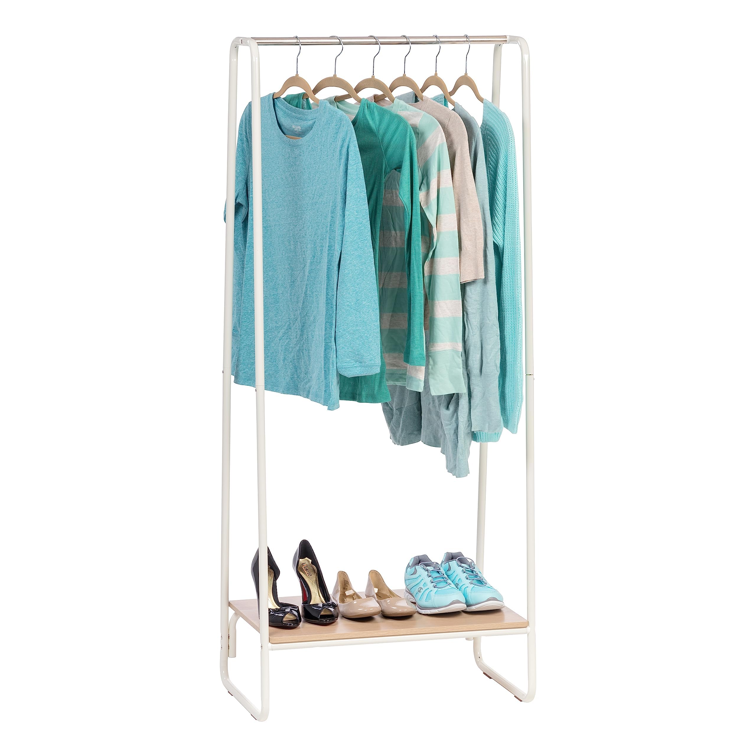IRIS USA Freestanding Clothes Rack with Wood Shelf - Sturdy Metal Garment Rack for Hanging Clothes | Easy Assembly Space-Saving Storage Solution for Bedroom, Closet & Laundry Room (White)