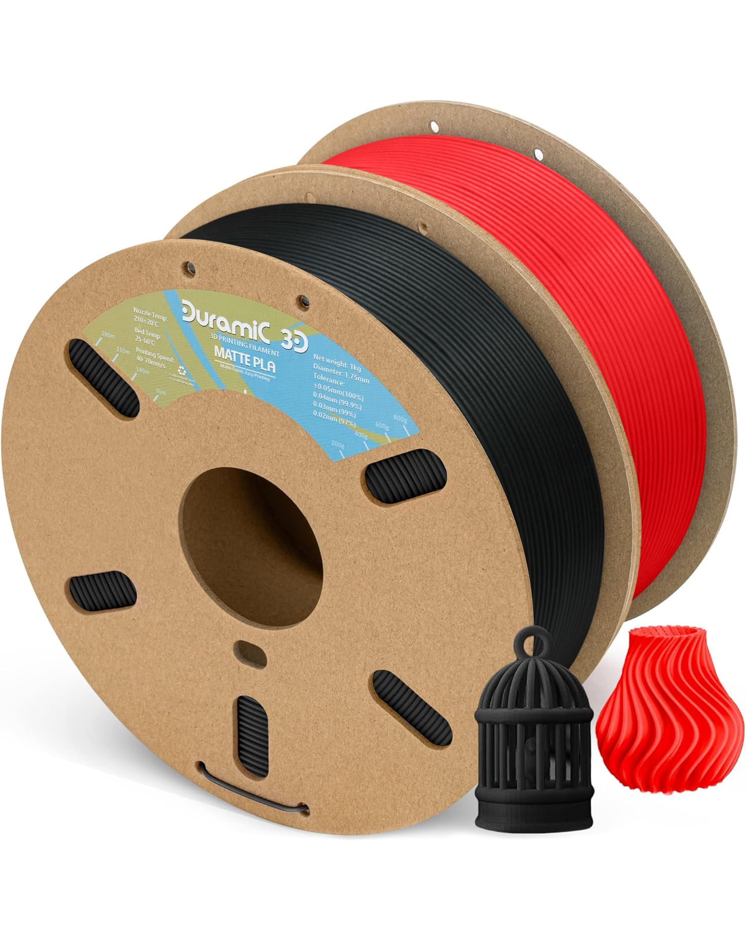 DURAMIC Matte PLA 3D Printer Filament 1.75mm - 2 Pack (1kg Each) Black & Red - High Precision +/- 0.03mm for FDM Printers - Perfect for Miniatures, Cosplay Props & Home Decor Projects