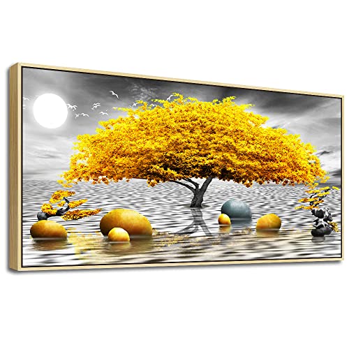 Yellow Tree Lake Viewe Natural Wood Framed