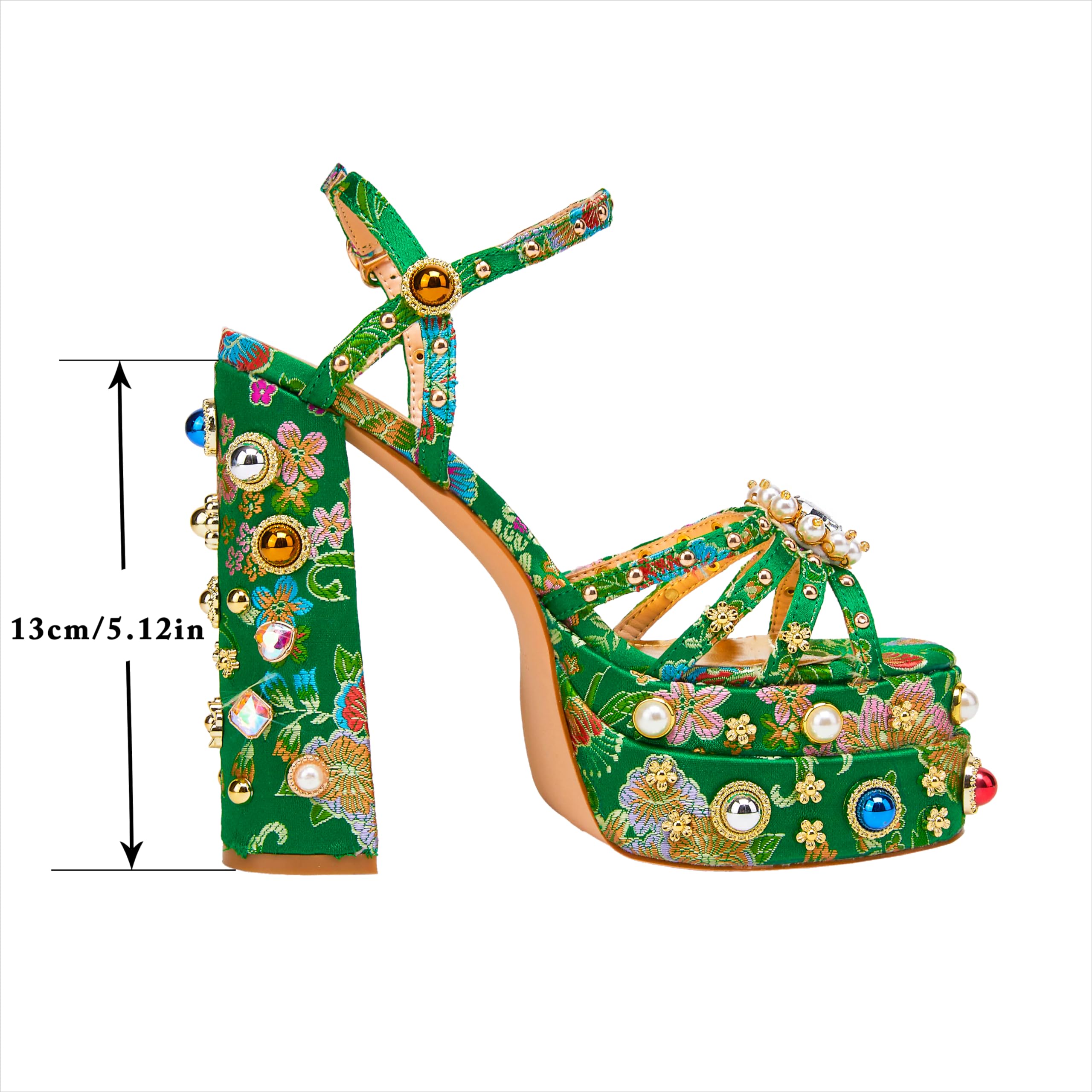 Feinlina Women's Rhinestone High Heel Sandals - Chunky Platform Open Toe Block Heels with Gems Detail, Floral Print Embroidery & Ankle Strap - Green & Pink Dress Shoes for Wedding, Party, Prom, Evening Events and Special Occasions