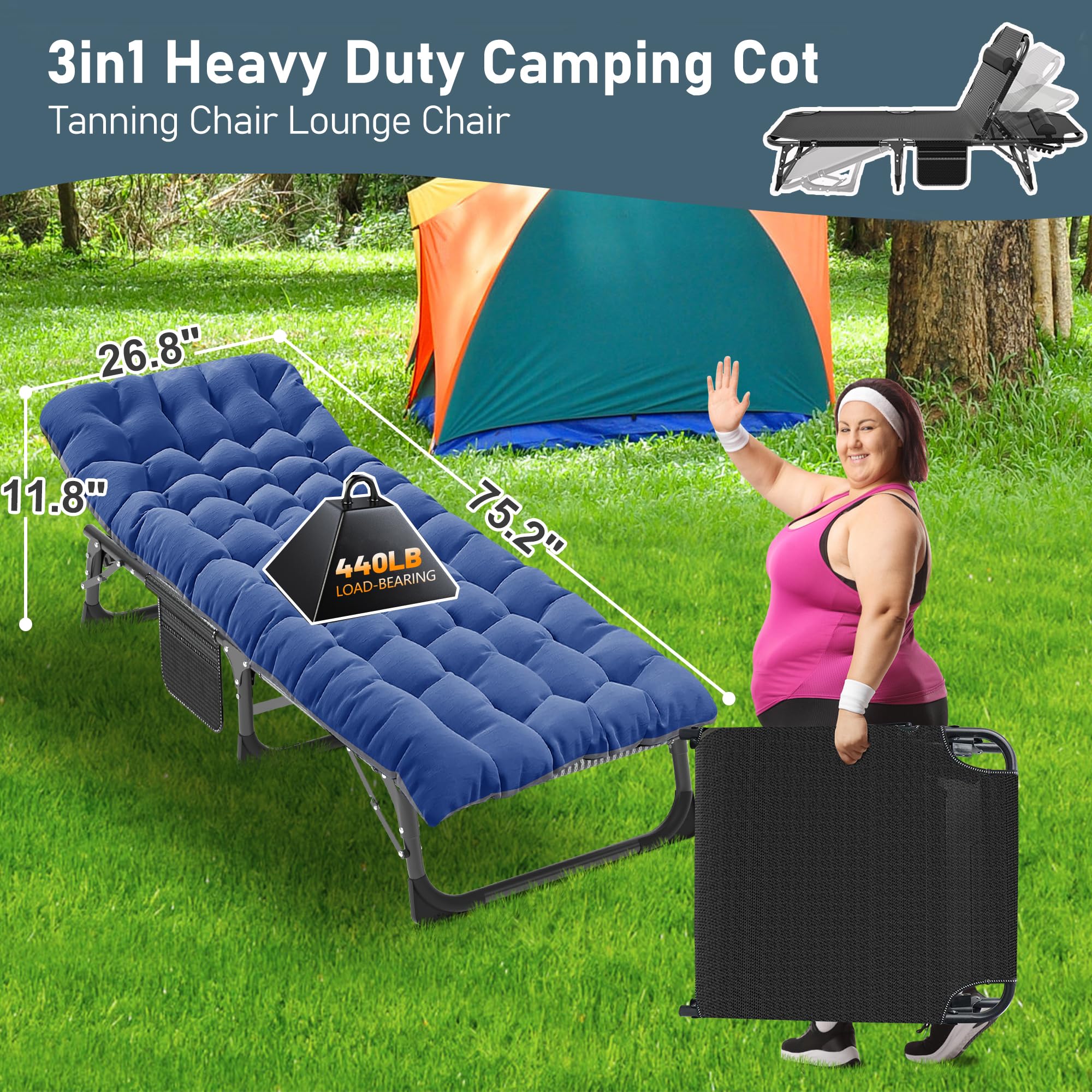 ABORON Heavy Duty 1200D Foldable Camping Cot for Adults - 500lb Capacity Double Layer Sleeping Cot with Mattress & Carrying Bag - Perfect for Camping, Guest Bed, Outdoor Adventures & Emergency Use