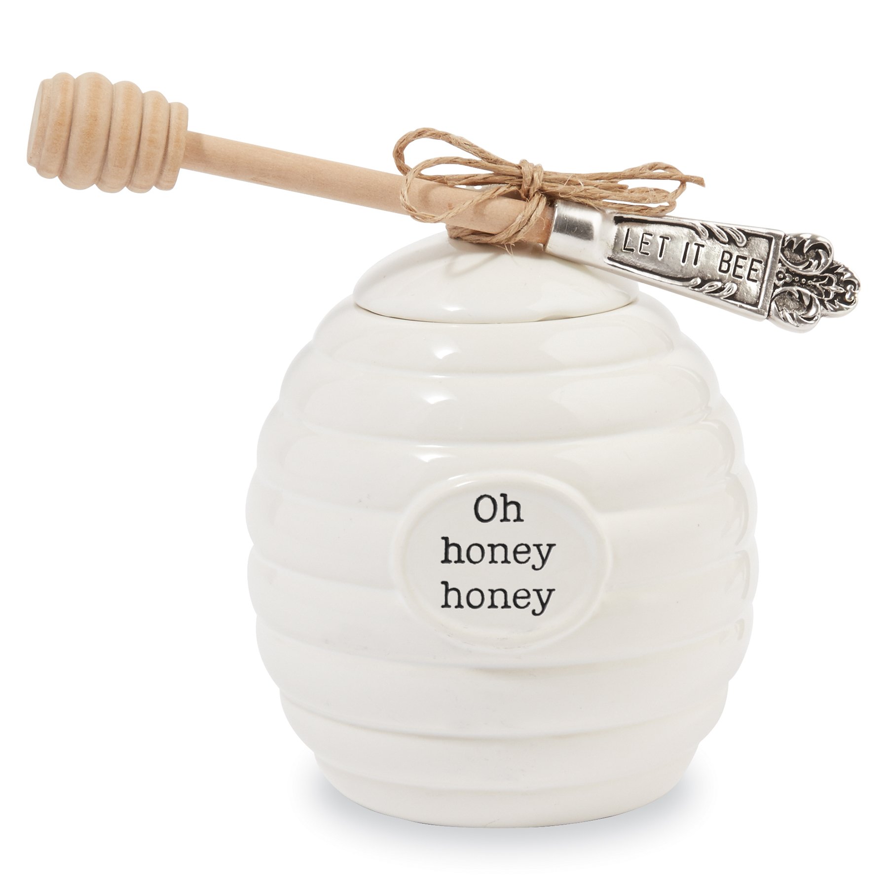 Mud Pie Honey Pot Serving Set - 4-Piece White Ceramic Honey Jar with Dipper - Perfect for Tea, Coffee, and Breakfast Table Setting