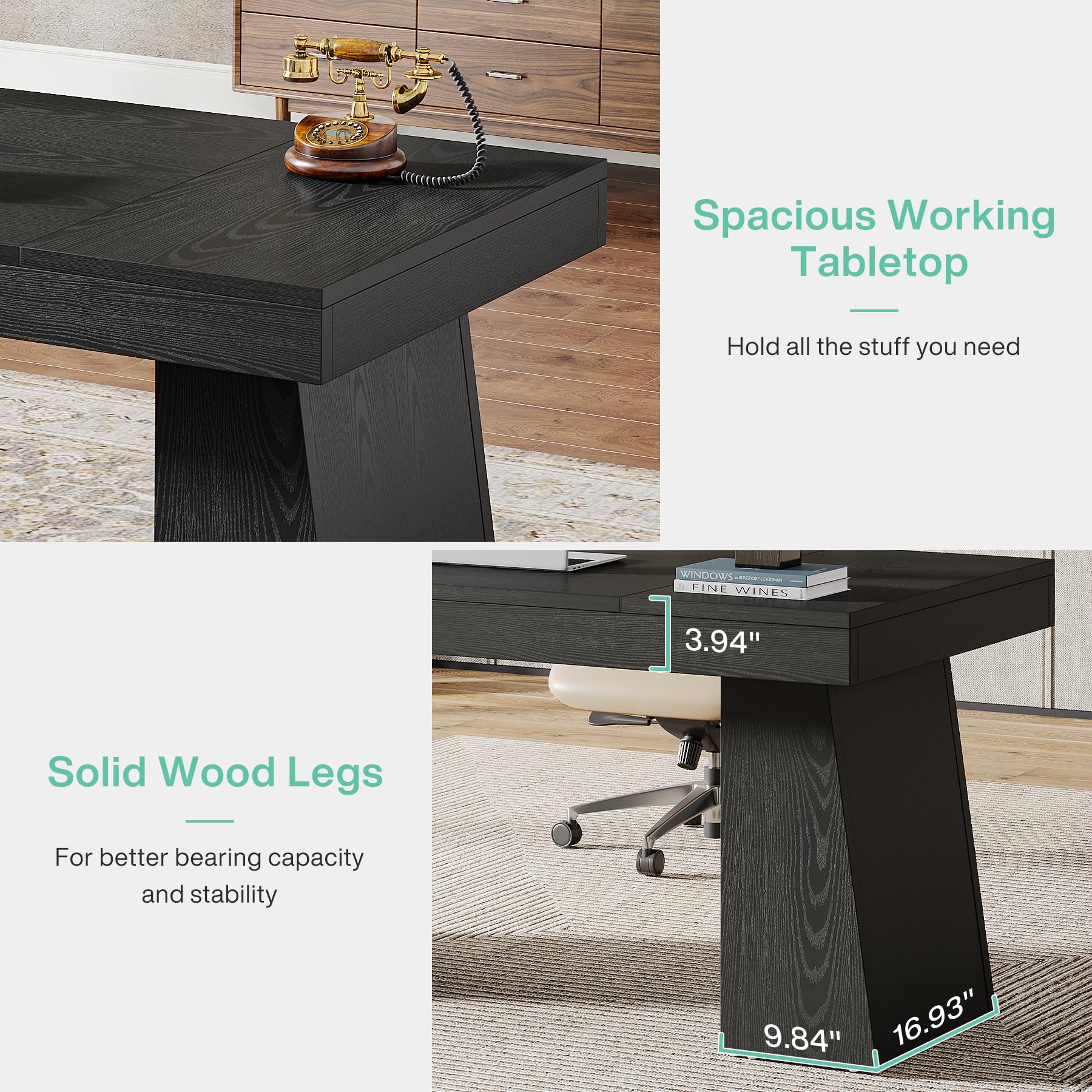 Tribesigns 55 Inch Modern Executive Desk - Mid Century Style Home Office Desk with Sturdy Double Trapezoid Base, Wooden Computer Desk for Business & Conference Room (Black) | Perfect for Small Office Spaces & Remote Workstations